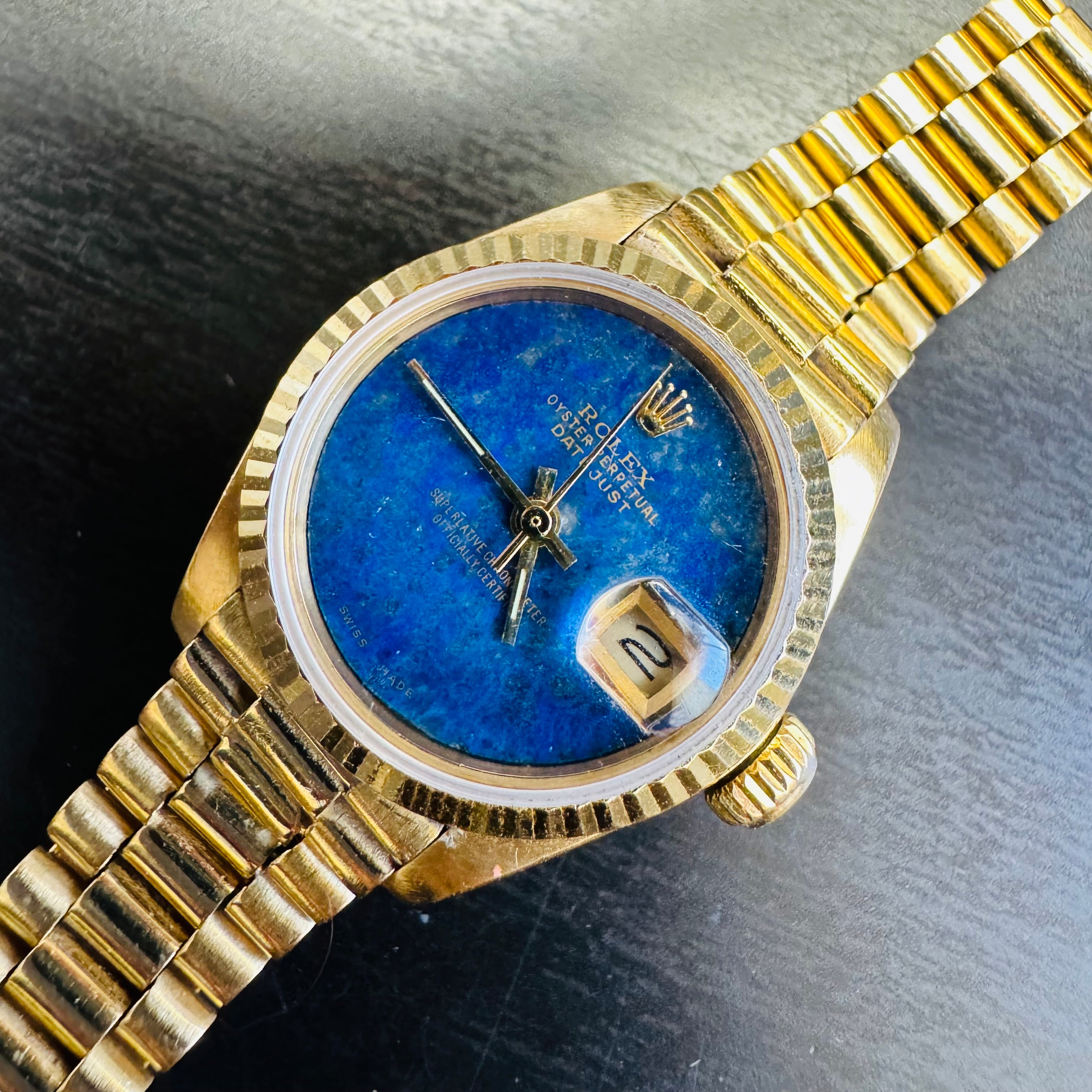 26mm 18K Yellow Gold Vintage Ladies Presidential Rolex Wristwatch with Lapis Diamond DialWatch 1979