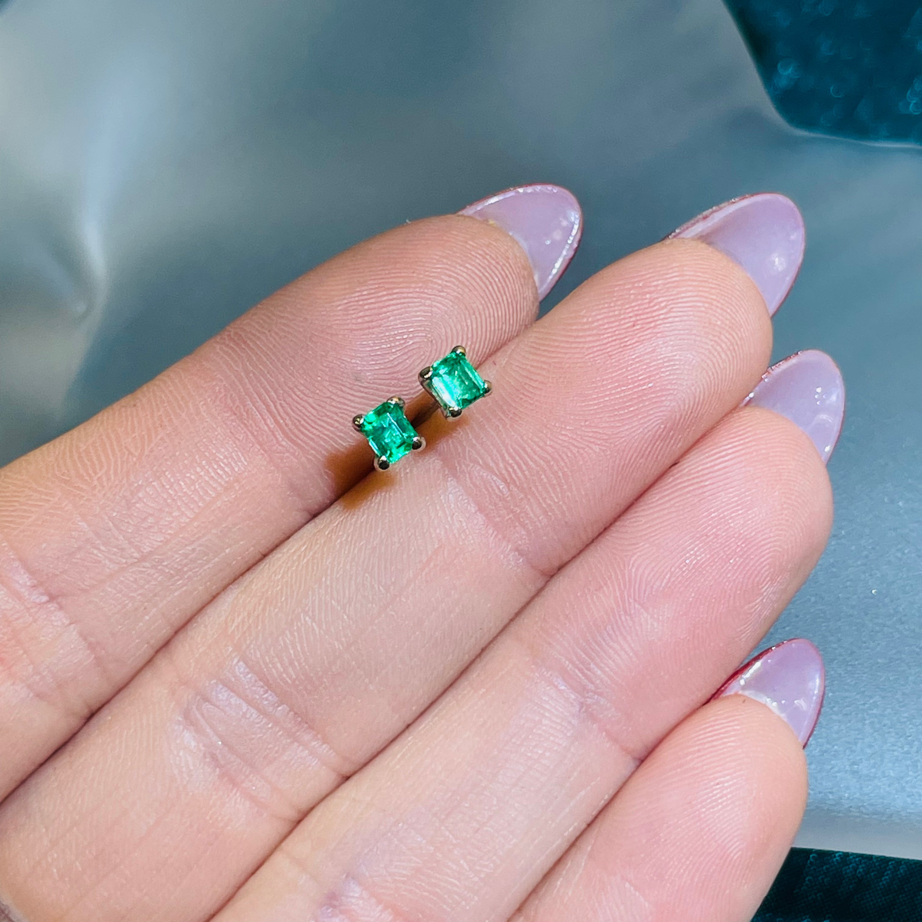 Natural Colombian Emerald 14K White Gold Stud Earrings