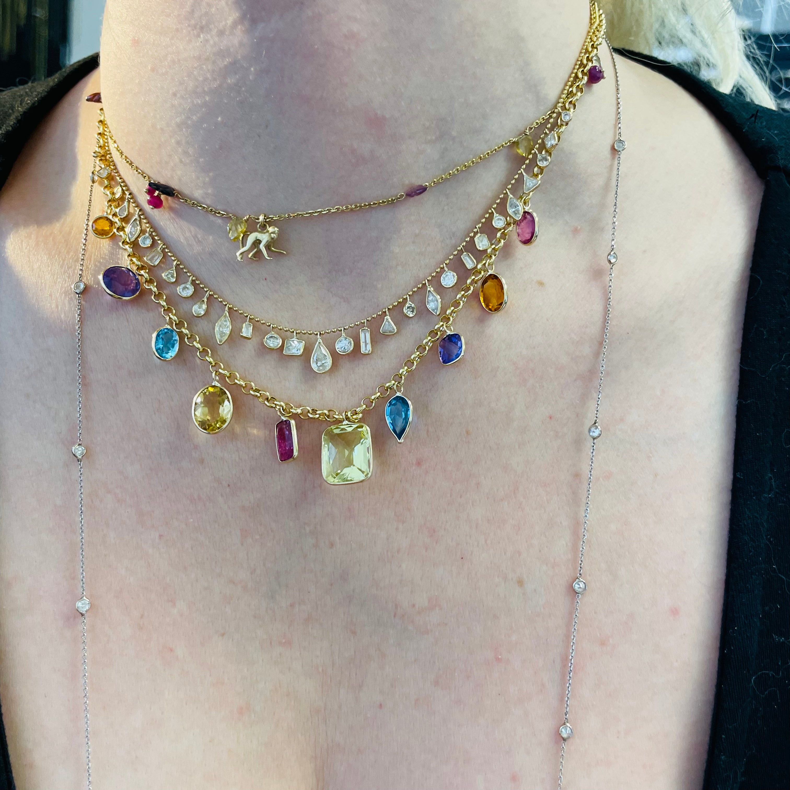 Bright and Colorful! Solid 14K Yellow Gold Gem Charm Necklace with Pink Tourmaline Topaz Citrine Aquamarine, and Amethyst Custom