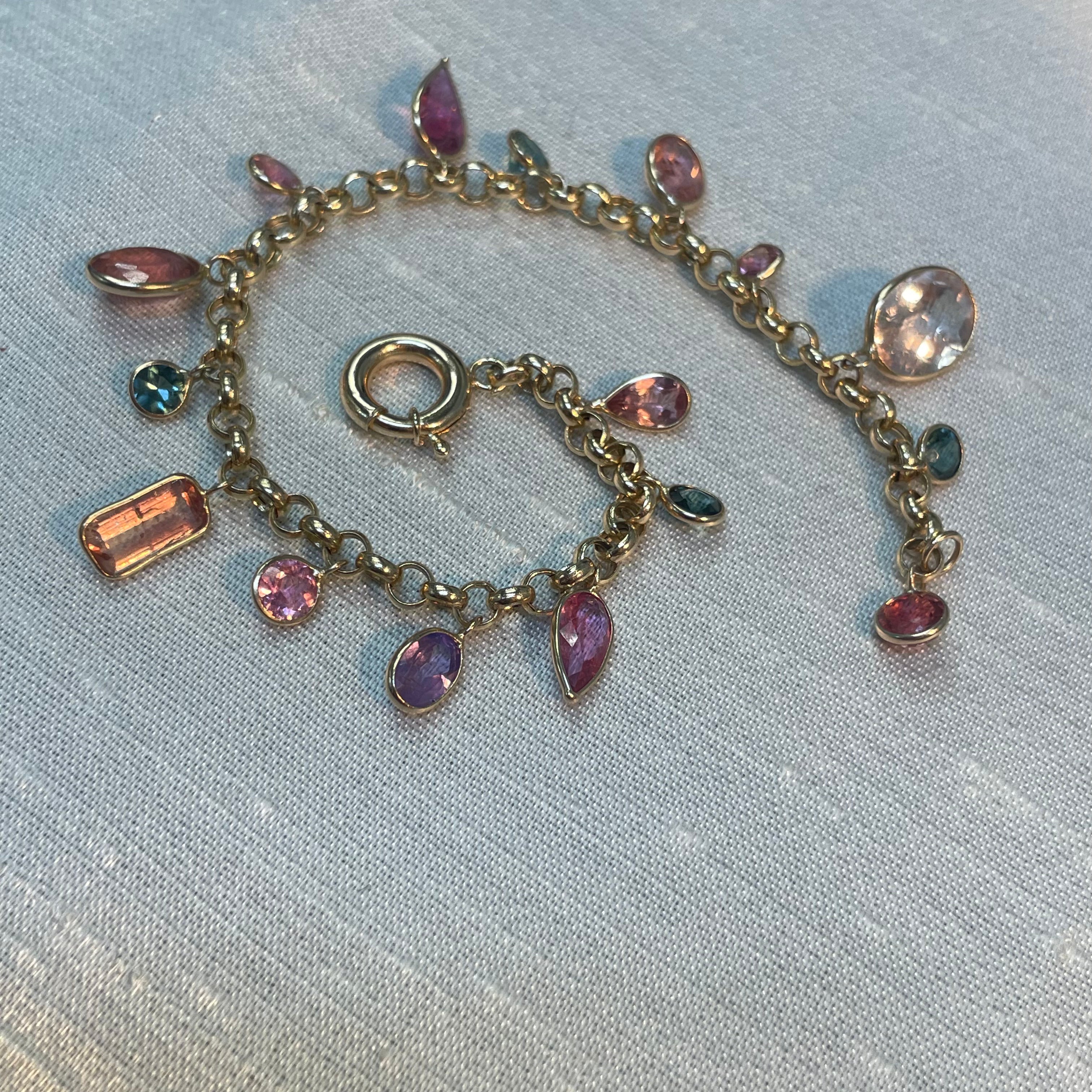 Rainbow Colorful Multishape Tourmaline Topaz and Kunzite Gem 14K Yellow Gold Cha