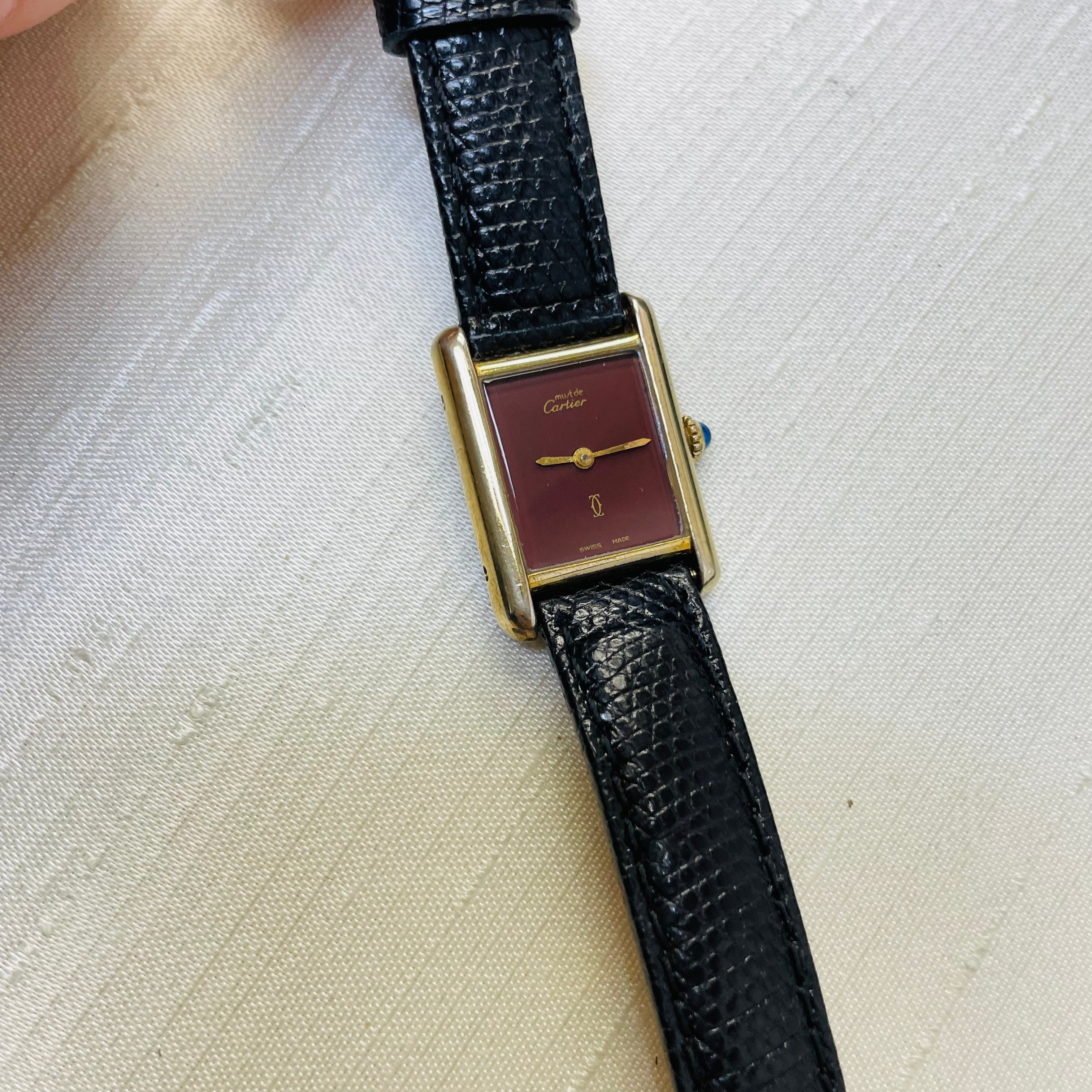 Must de Cartier Wine Face and Strap Tank Watch 23mm.