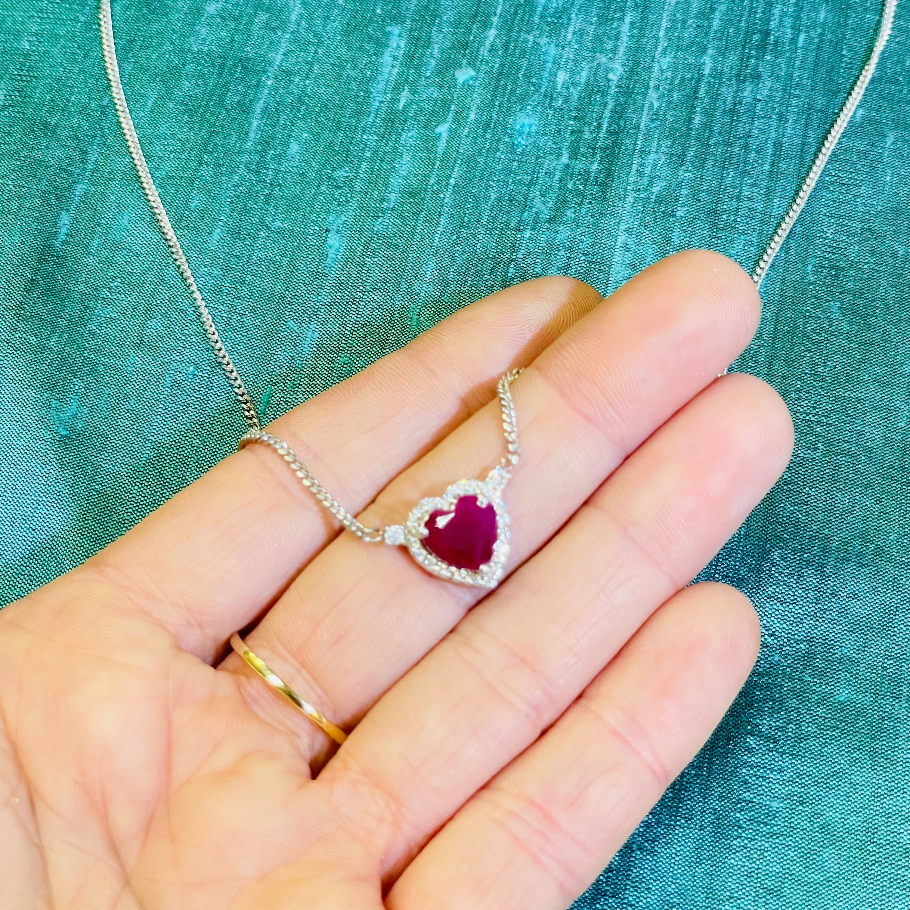 2CT Natural Ruby and Diamond Halo Heart 14K White Gold Solitaire Necklace