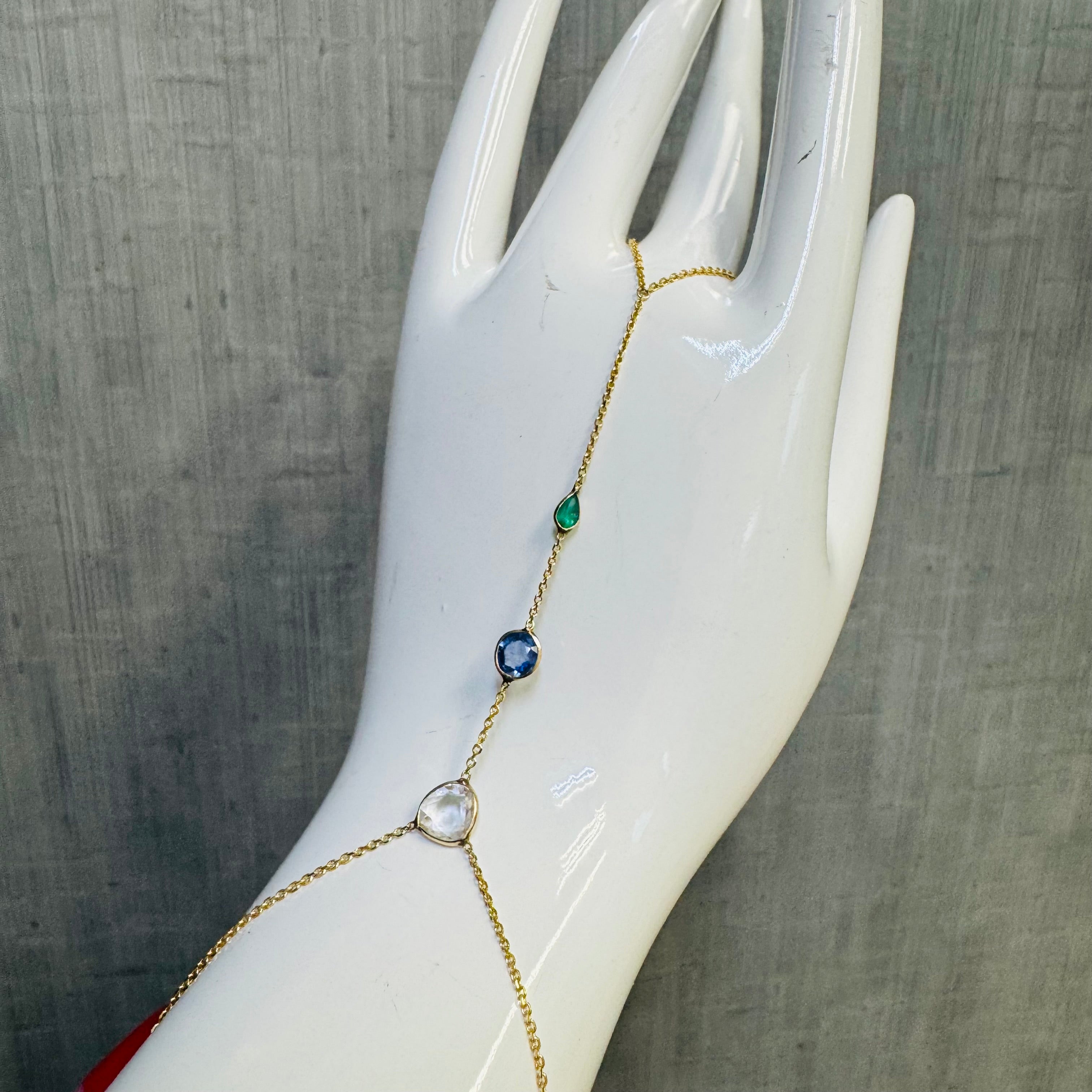 14k Rose Gold Colombian Emerald Rose Cut Sapphire Handchain