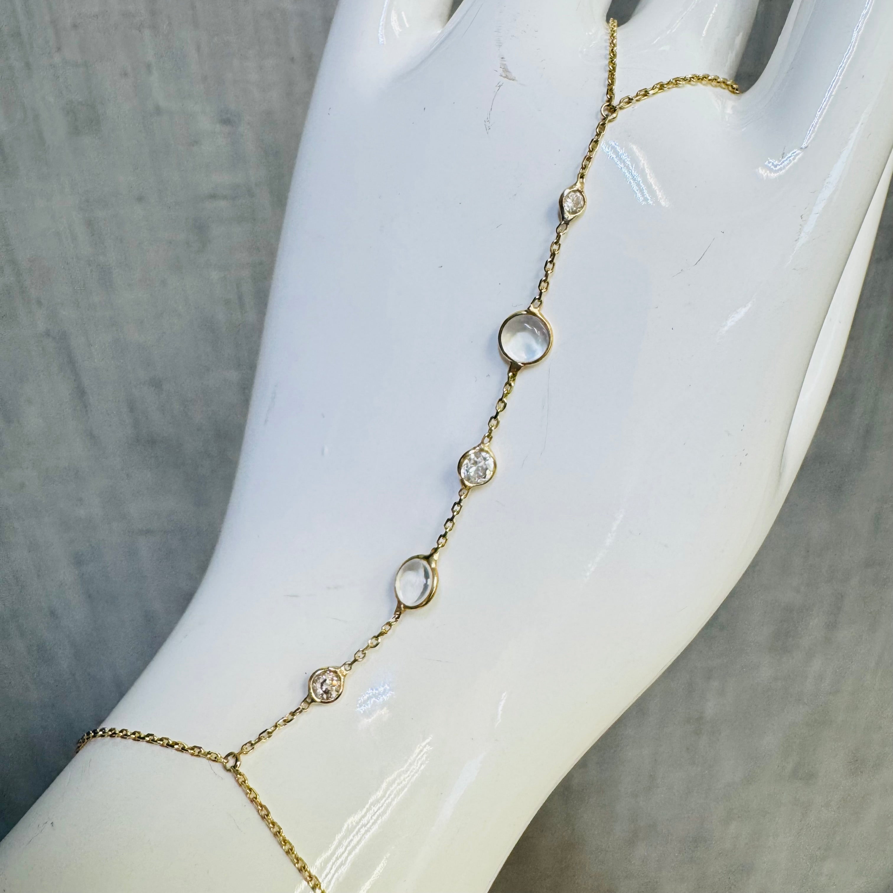14K Yellow Gold Moonstone and Old Mine Diamond Handchain