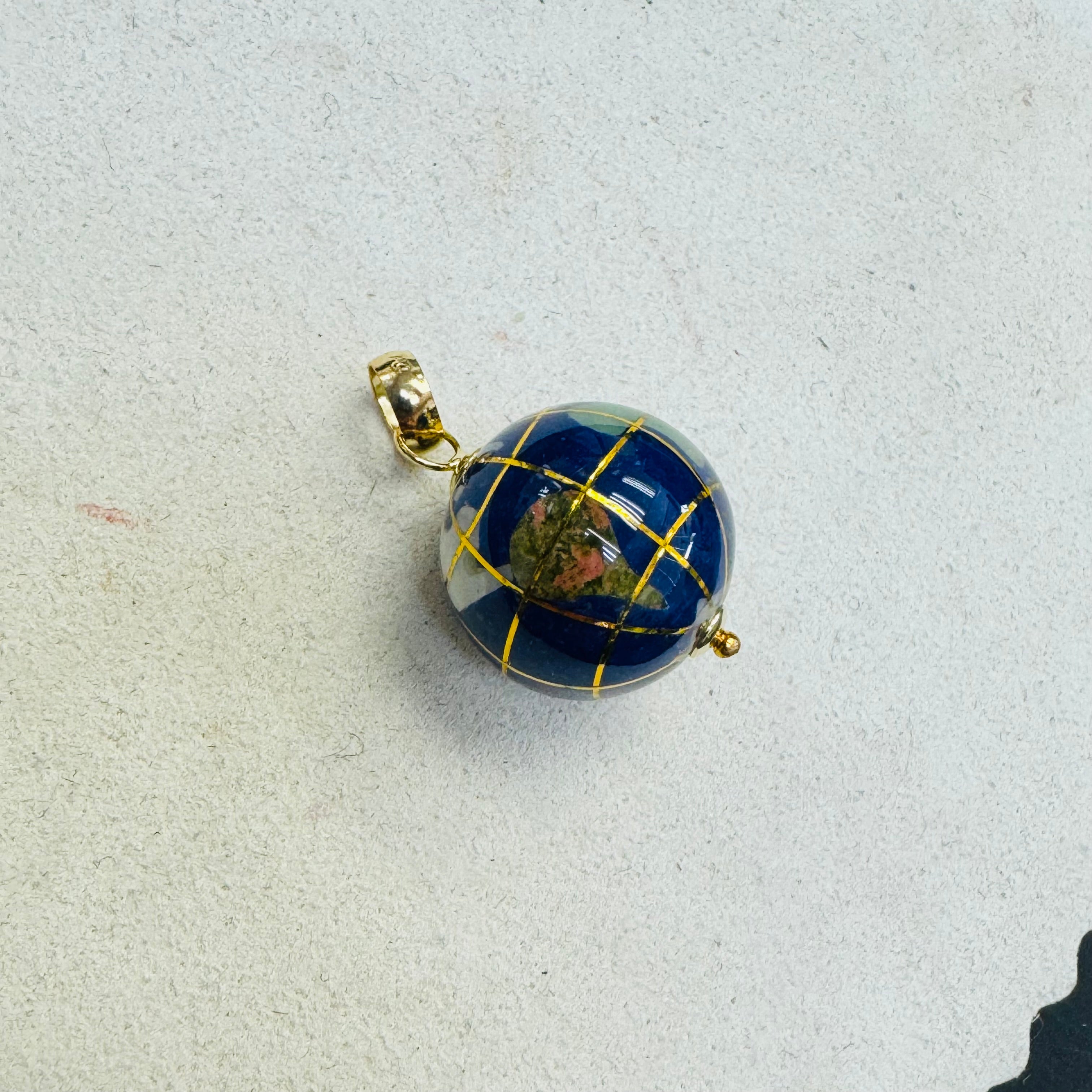14K Yellow Gold Lapis And Gemstone Inlay Globe Charm Pendant 15mm