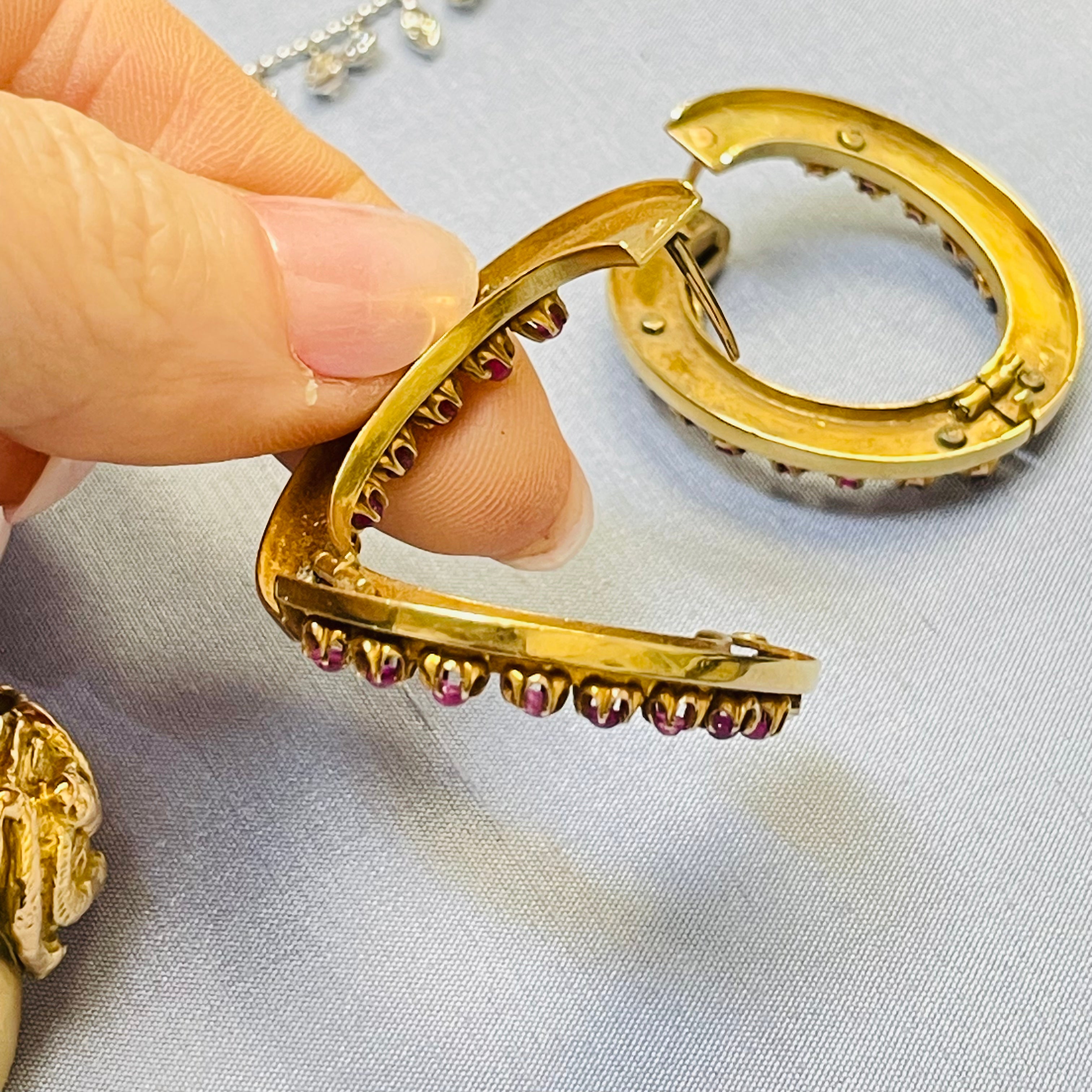 Amazing Natural Burma Ruby Cabochon Antique Victorian Hinged Hoop Earrings