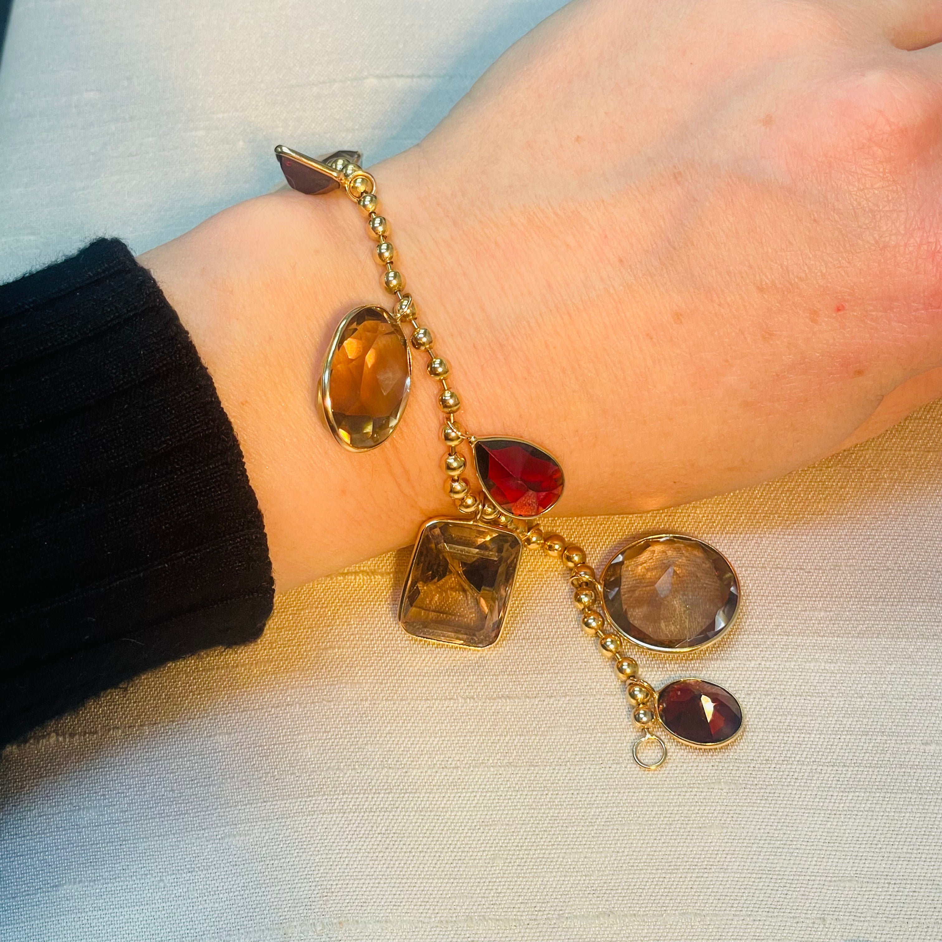 Extra Large Smokey Topaz and Red Garnet Gem Charm 14K Yellow Gold Charm Bracelet 7"