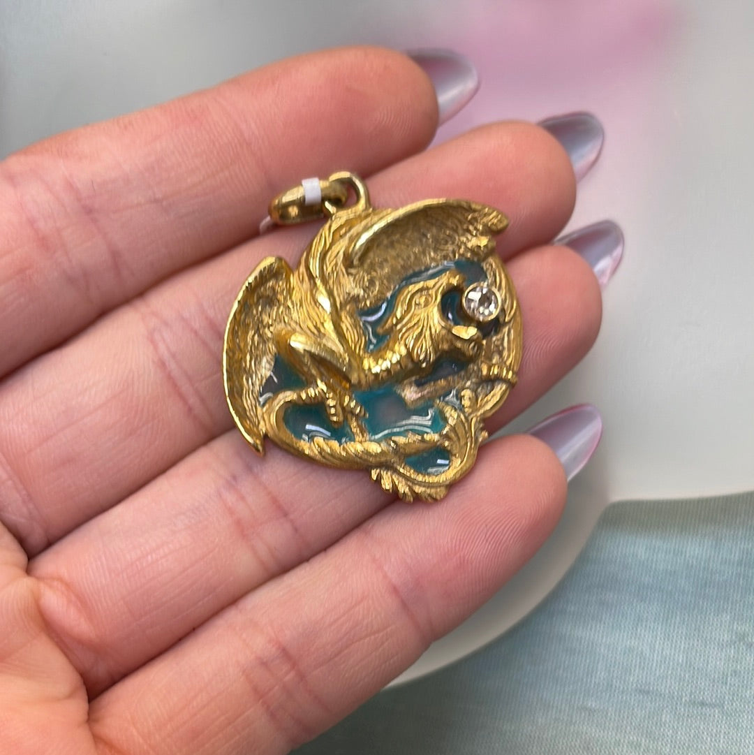 Solid 18K Yellow Gold Enamel Plique A Jour Dragon Diamond Pendant 1.5"