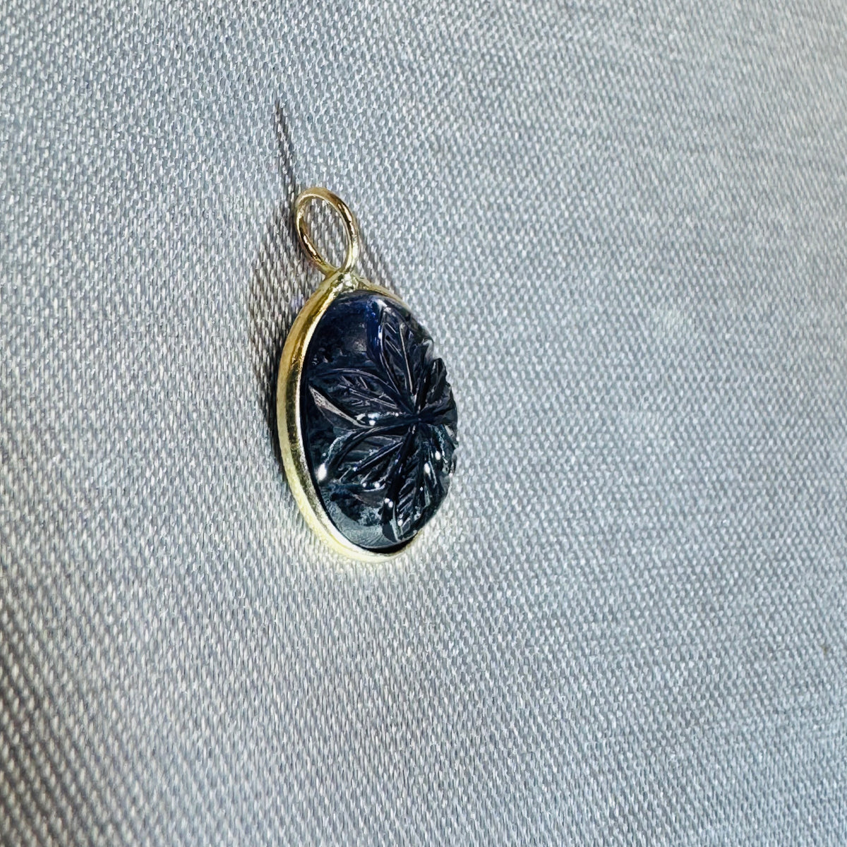 Carved Blue Iolite Pendant 14K Yellow Gold