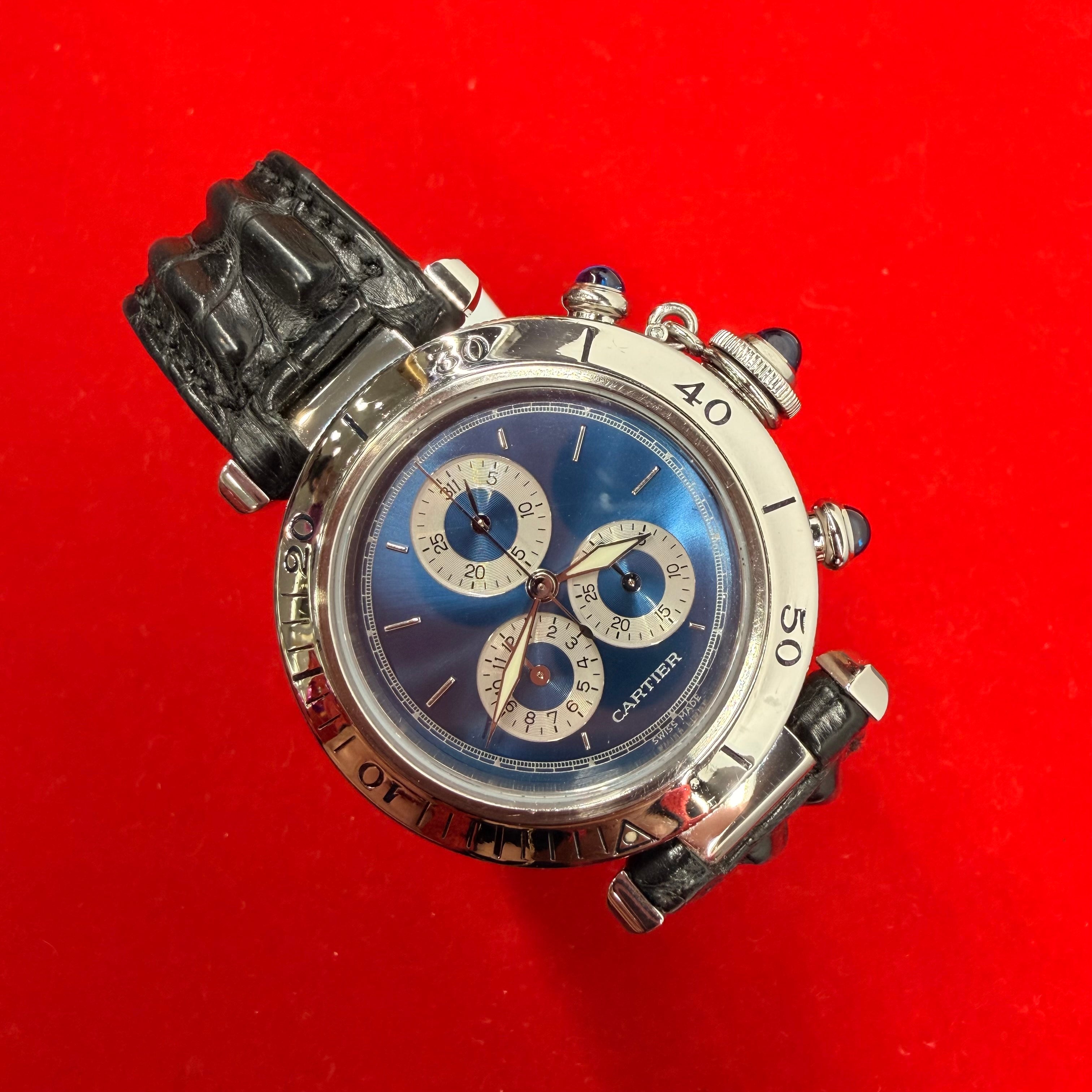 Cartier Pasha Chronograph Blue Dial Black Leather Band ref.1352 1