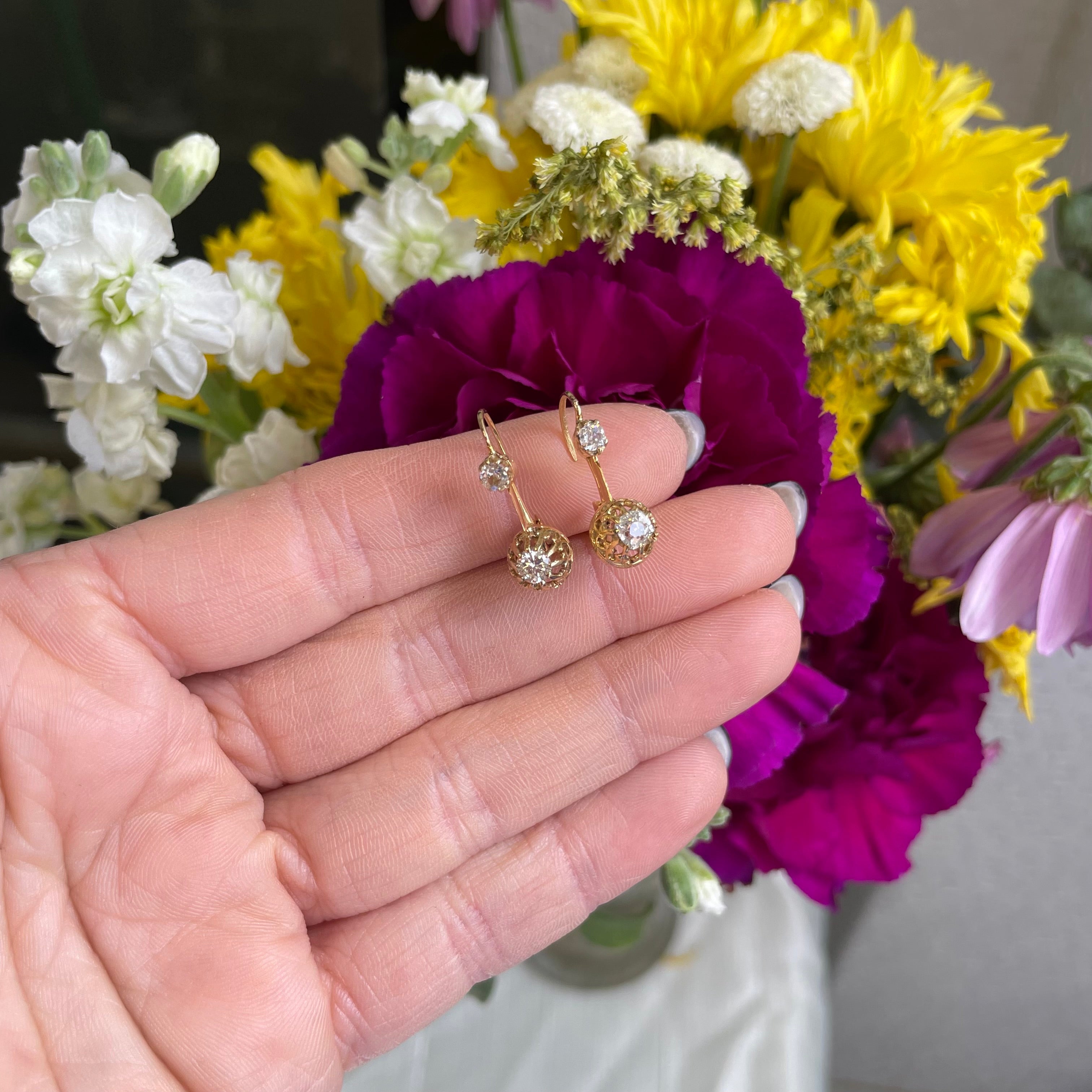 Old Mine Cut Diamond 18K Yellow Gold Antique Victorian Leverback Earrings