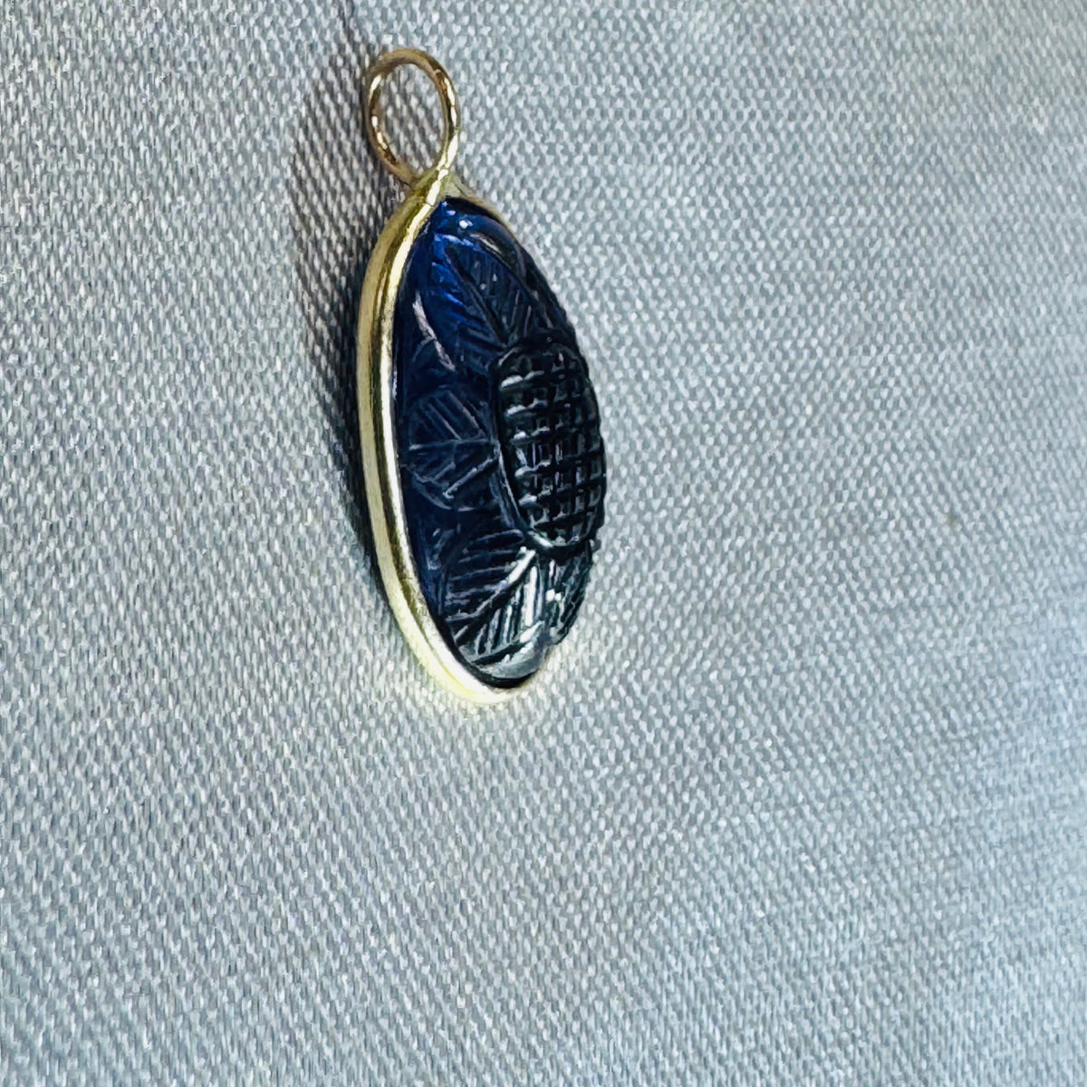 Carved Blue Iolite Pendant 14K Yellow Gold