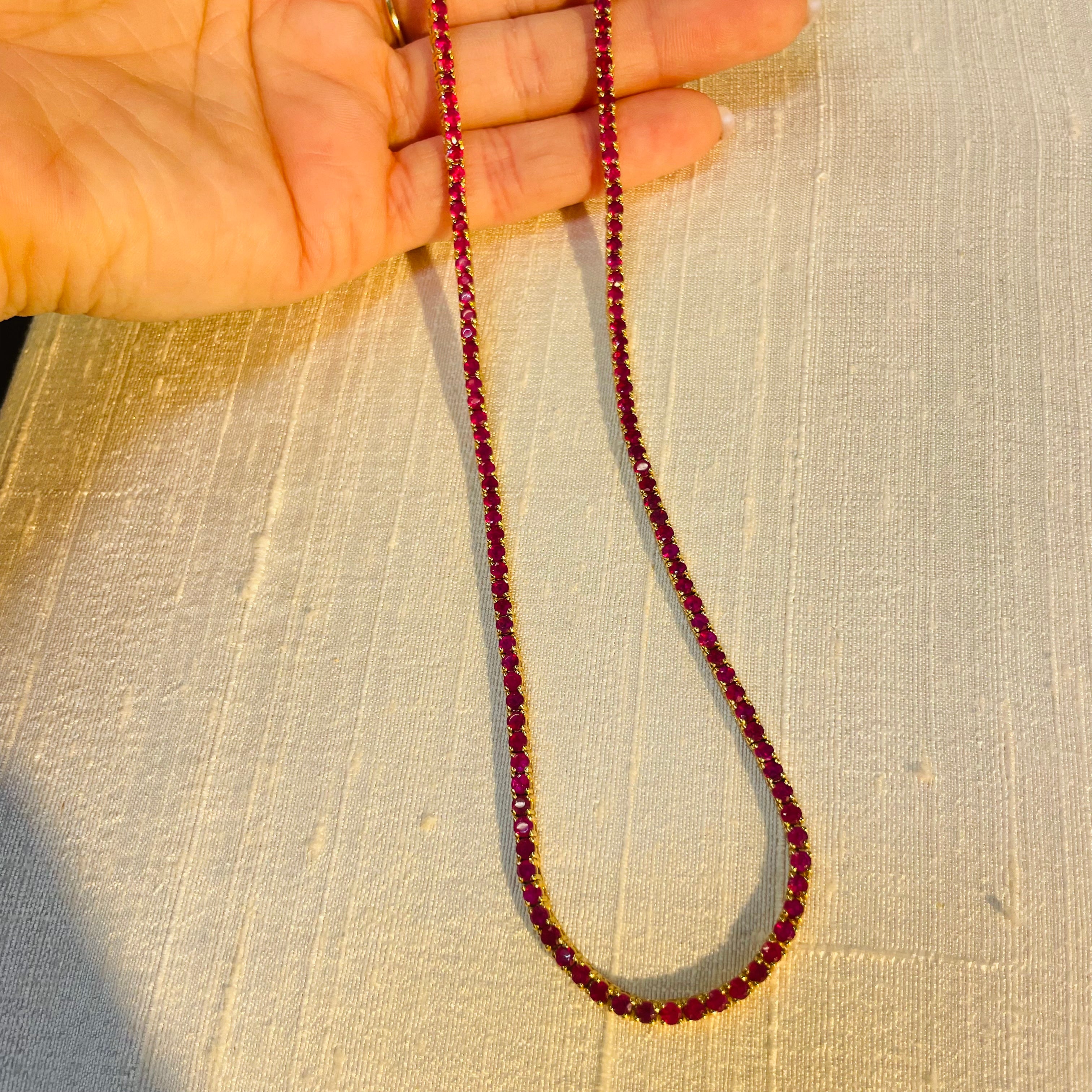 Natural Ruby Tennis Necklace 14K Yellow Gold