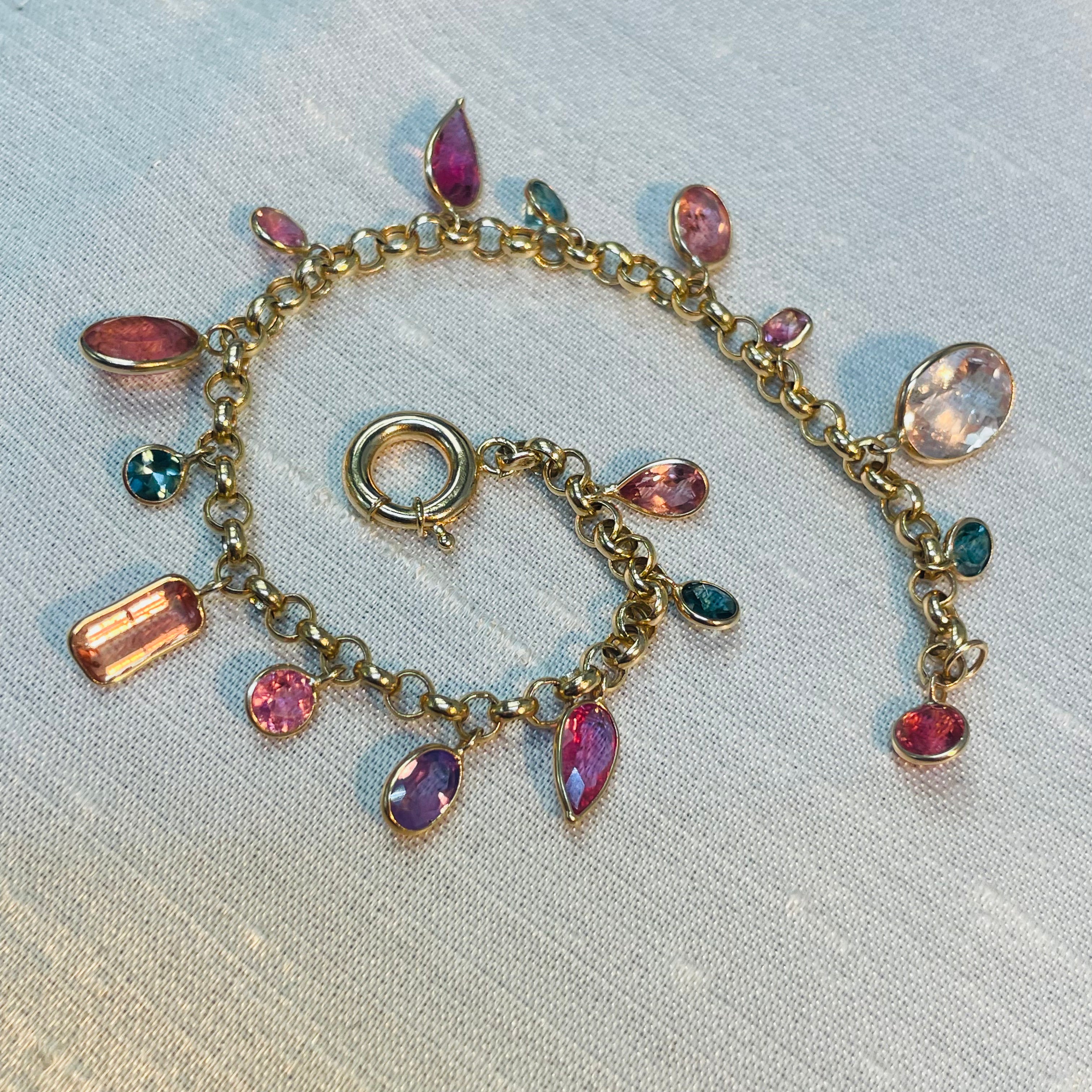 Rainbow Colorful Multishape Tourmaline Topaz and Kunzite Gem 14K Yellow Gold Cha