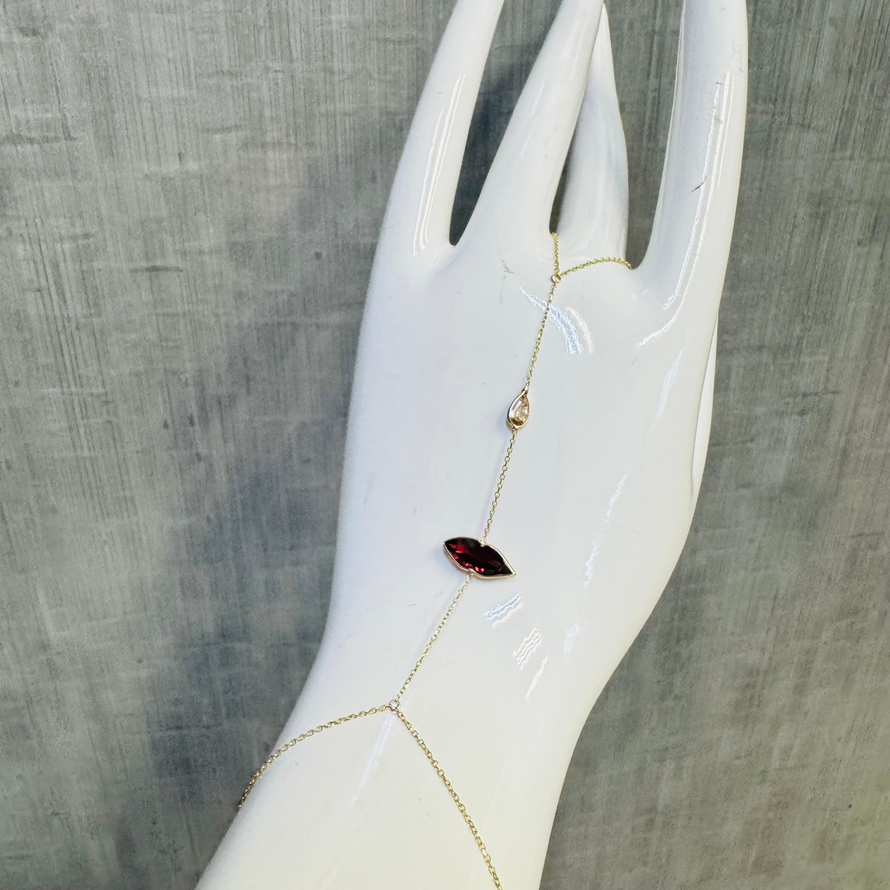 14K Yellow Gold Lip Garnet and Diamond Handchain