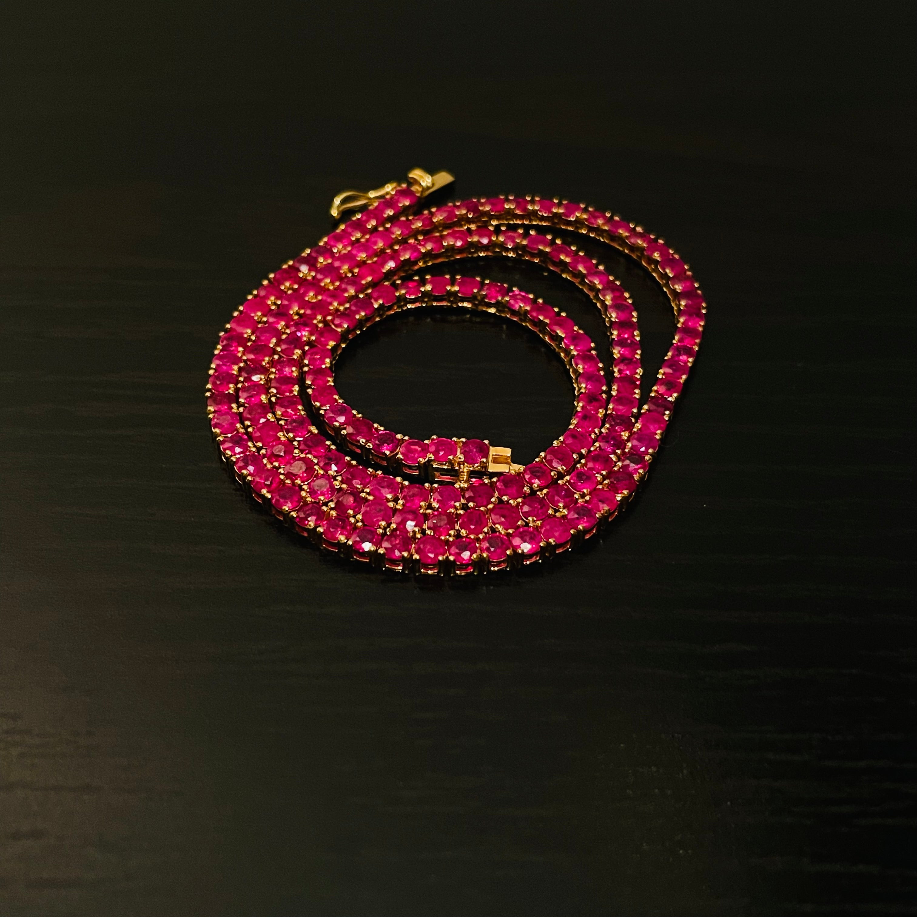 Natural Ruby 14K Yellow Gold Tennis Necklace 25.5ctw