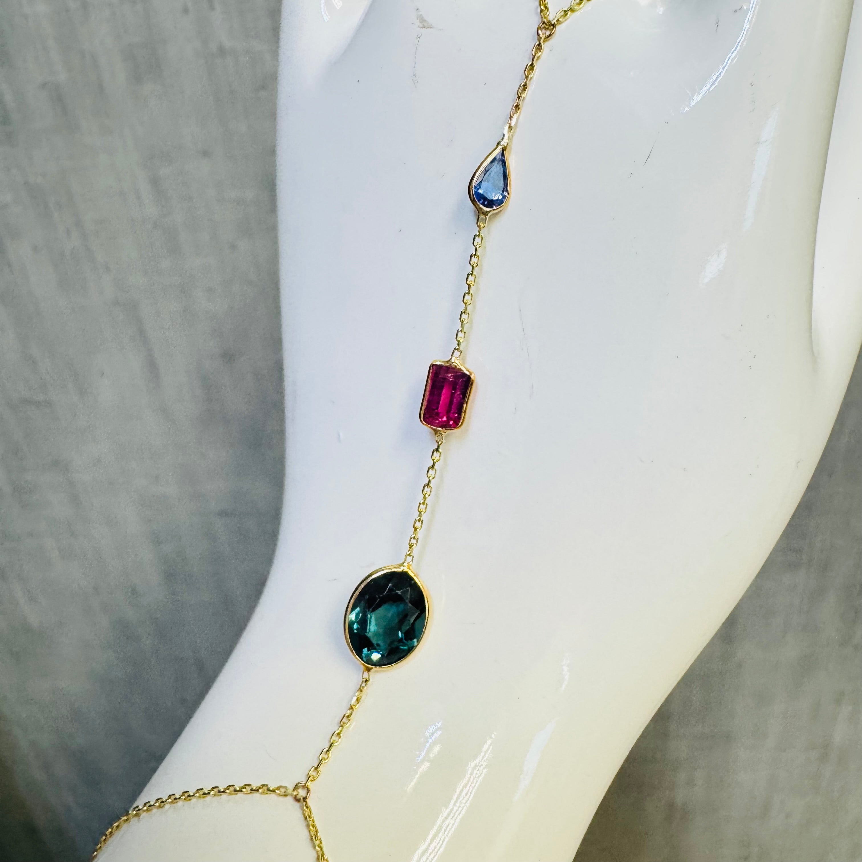 14K Yellow Gold Tanzanite Tourmaline Handchain