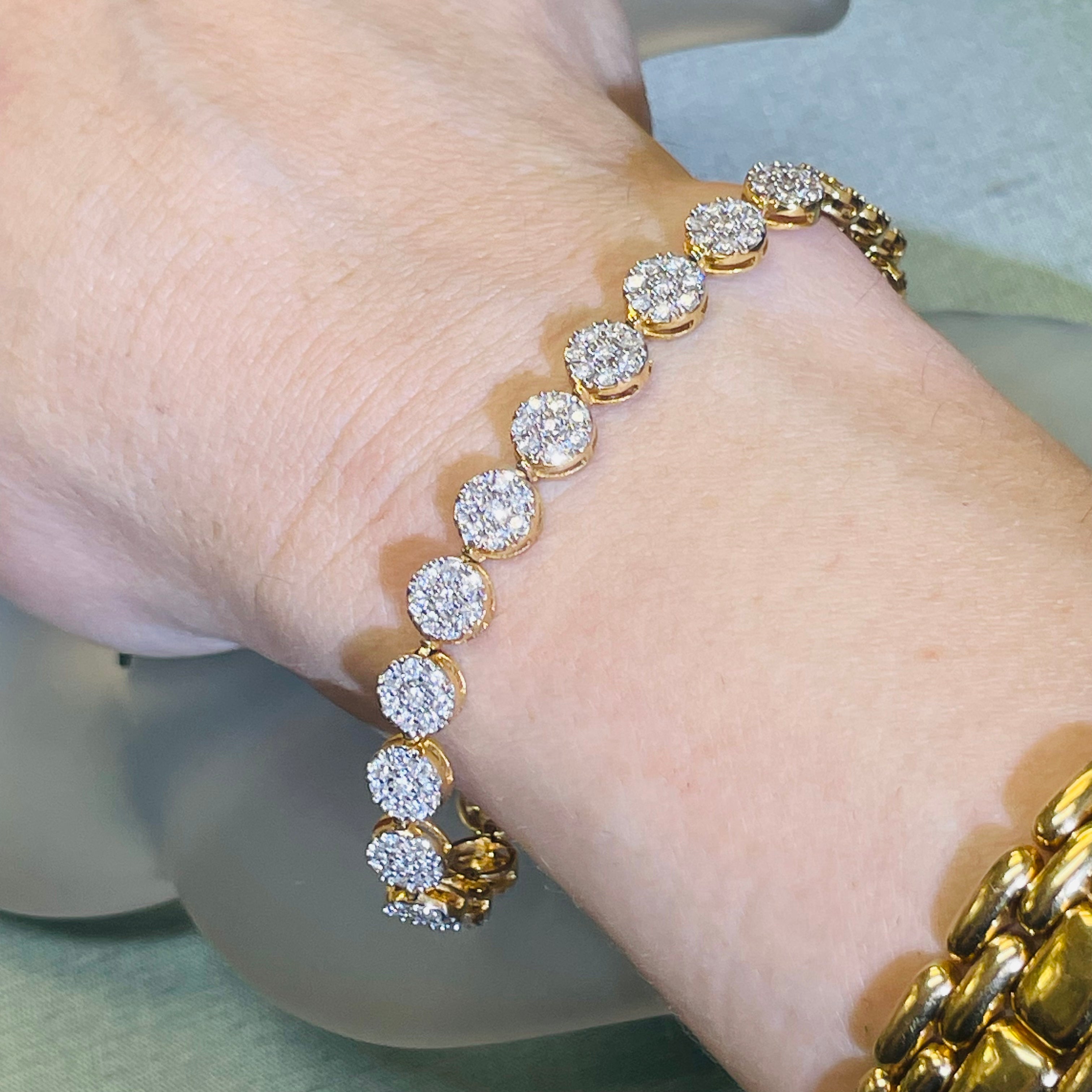 10K Yellow Gold 2.5CT Diamond Round Cluster Tennis Bracelet 8”