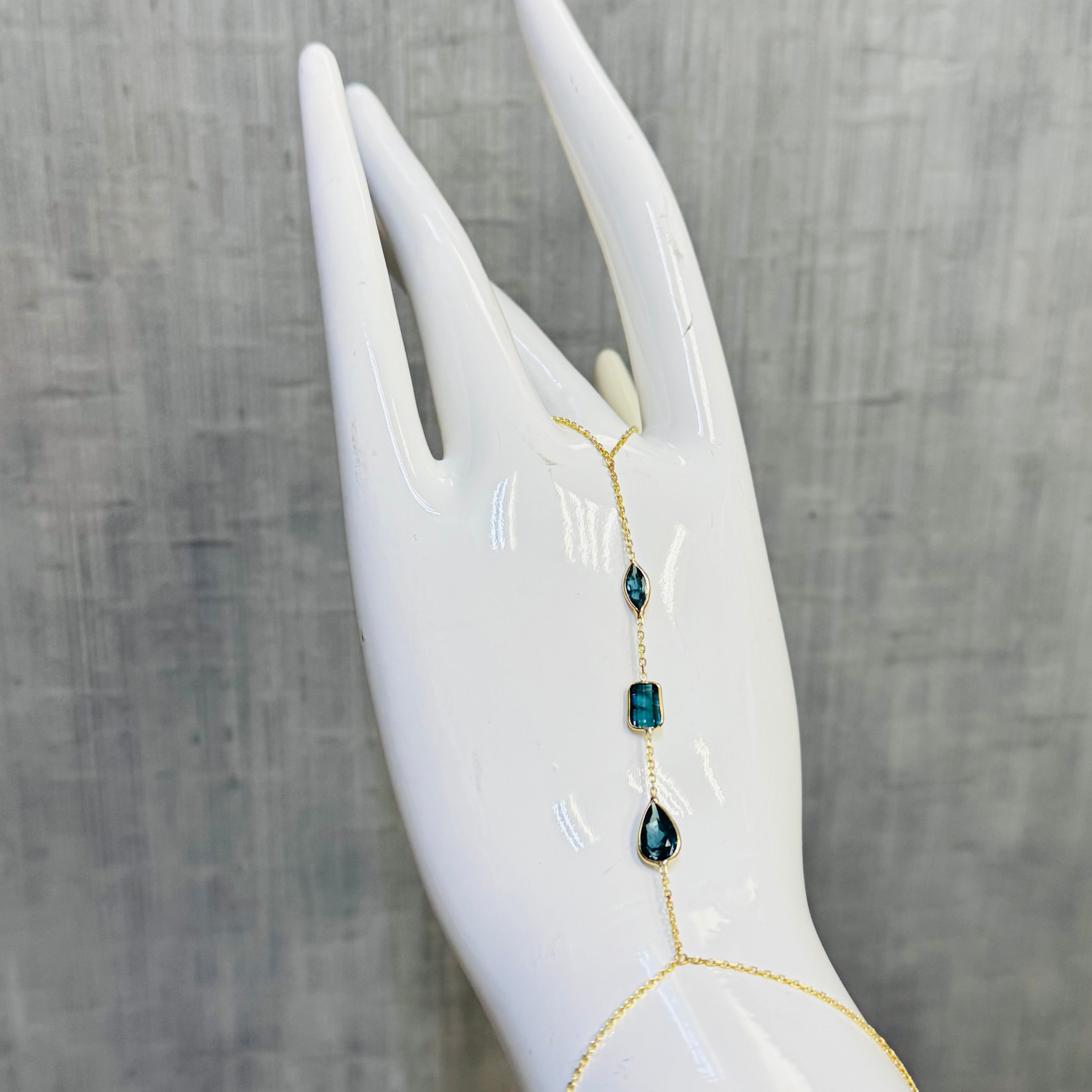 14K Yellow Gold Multi Teal Blue Tourmaline Handchain