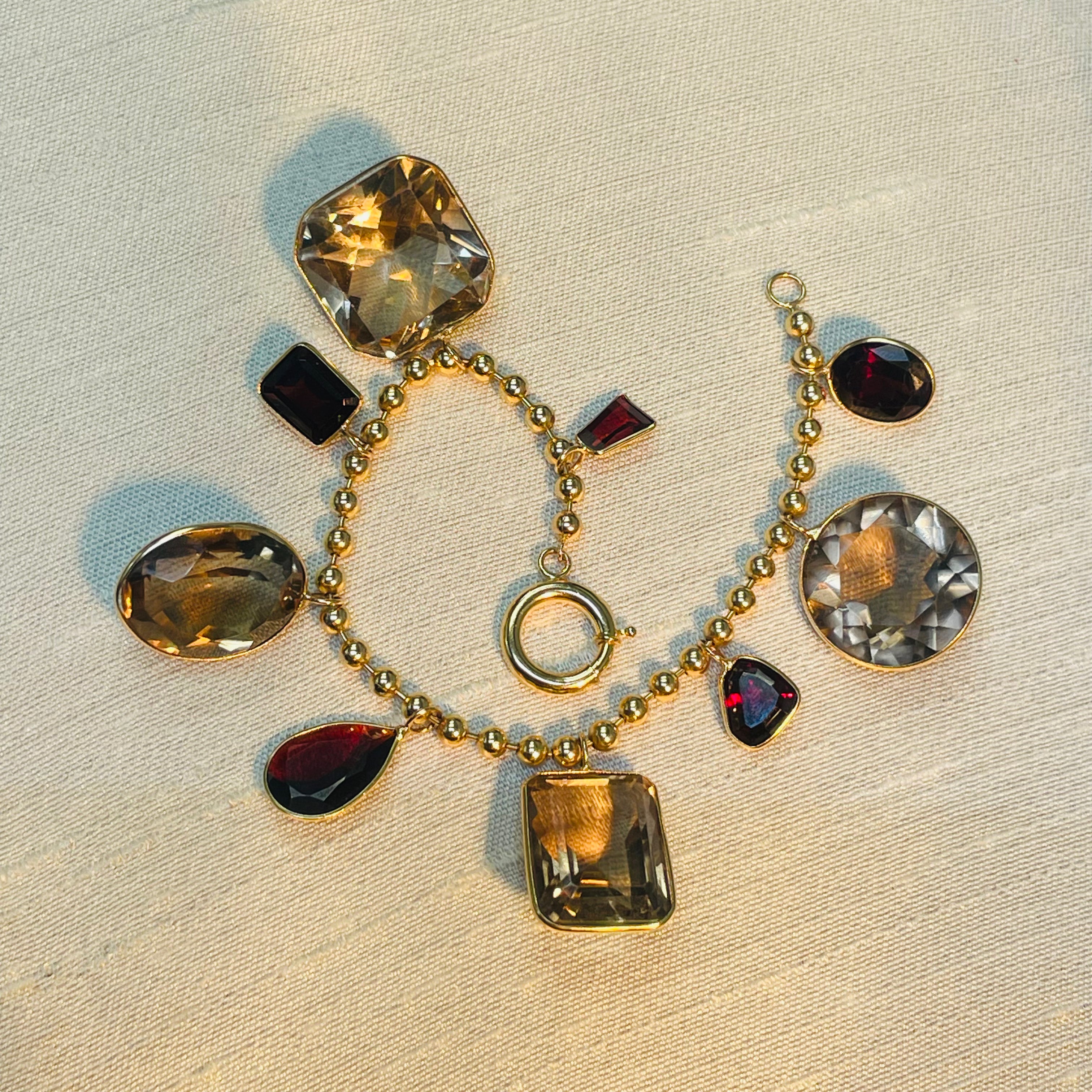 Extra Large Smokey Topaz and Red Garnet Gem Charm 14K Yellow Gold Charm Bracelet 7"