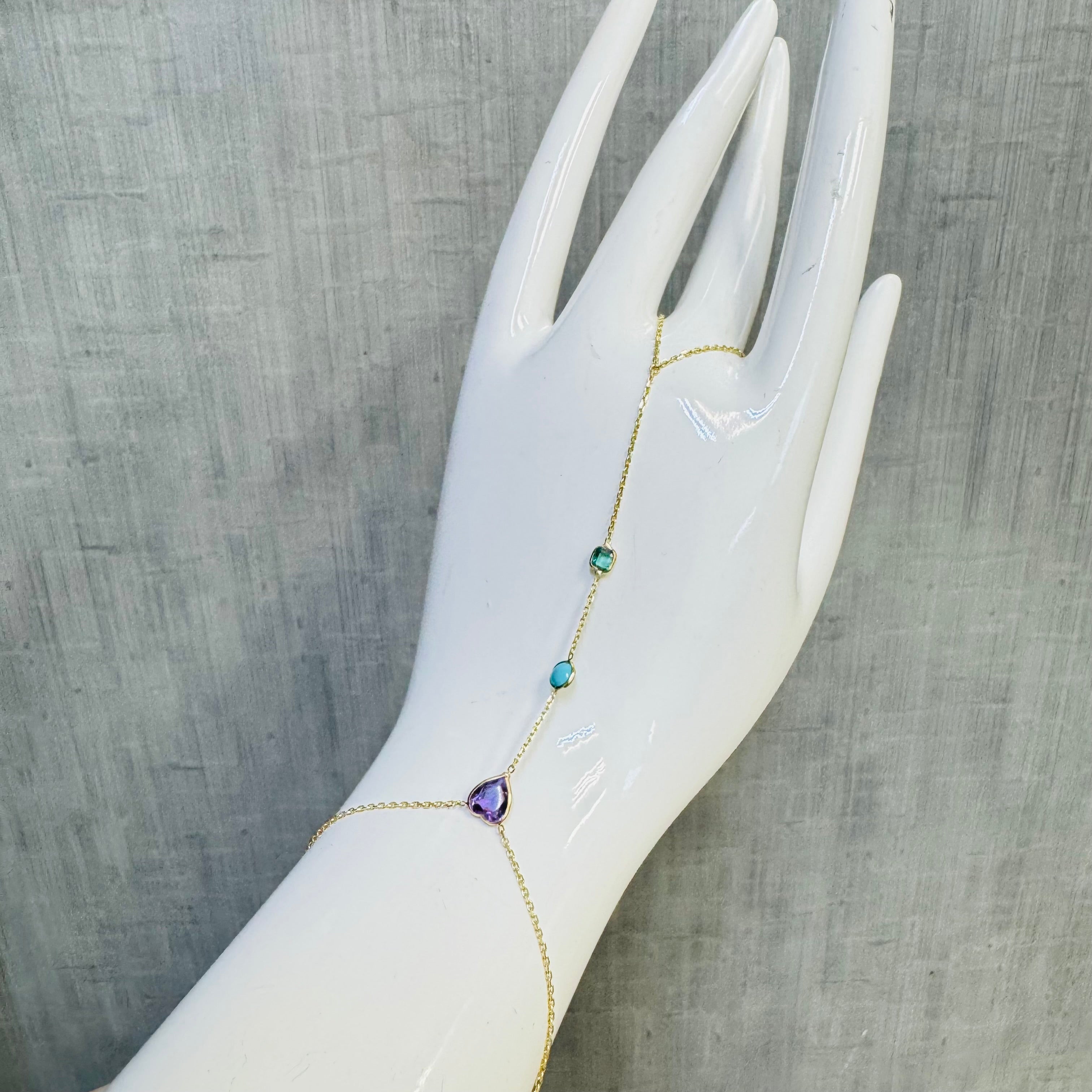 Emerald Turquoise Amethyst 14K Yellow Gold Handchain