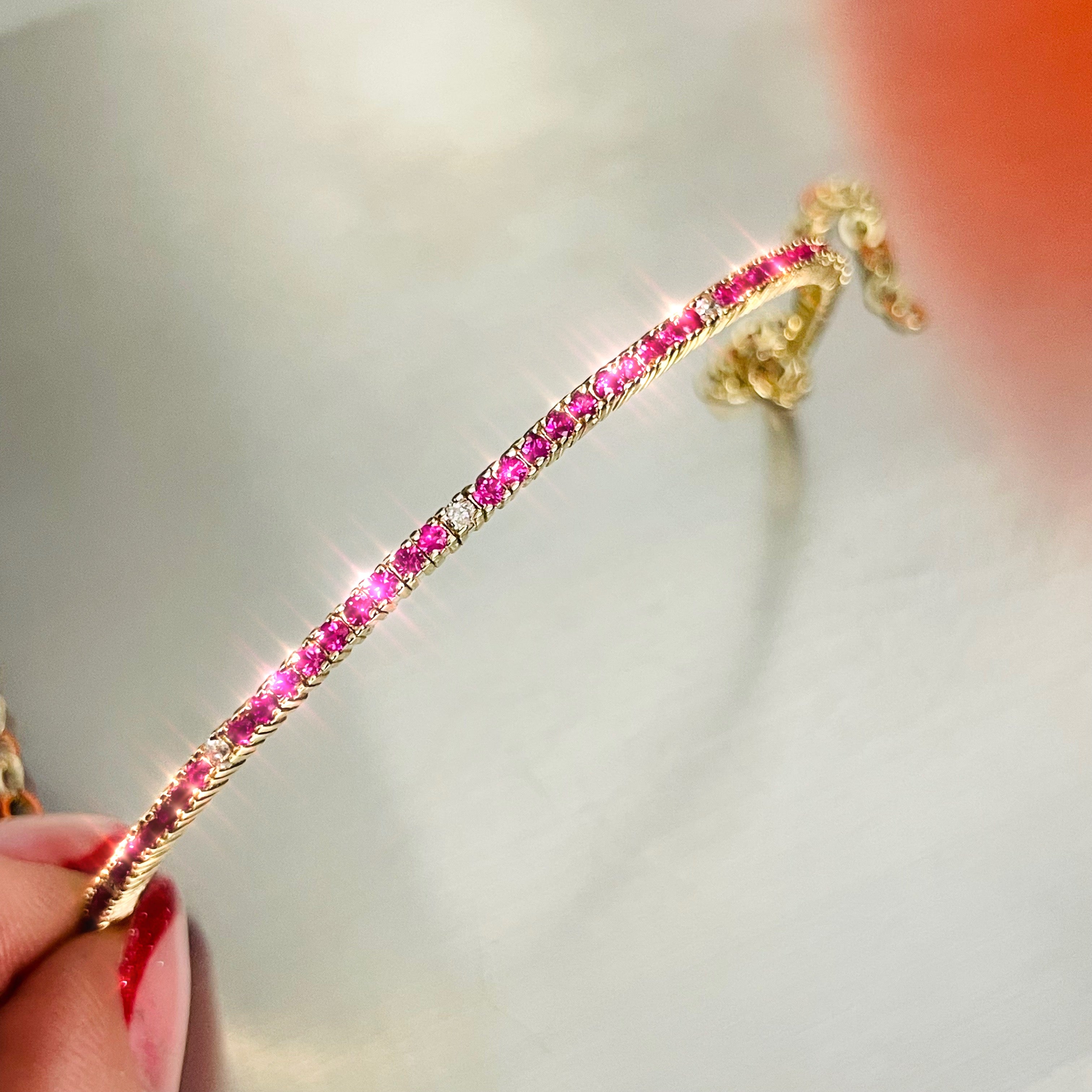 Ruby and Diamond 14K Yellow Gold Flexible Half Bangle Bracelet
