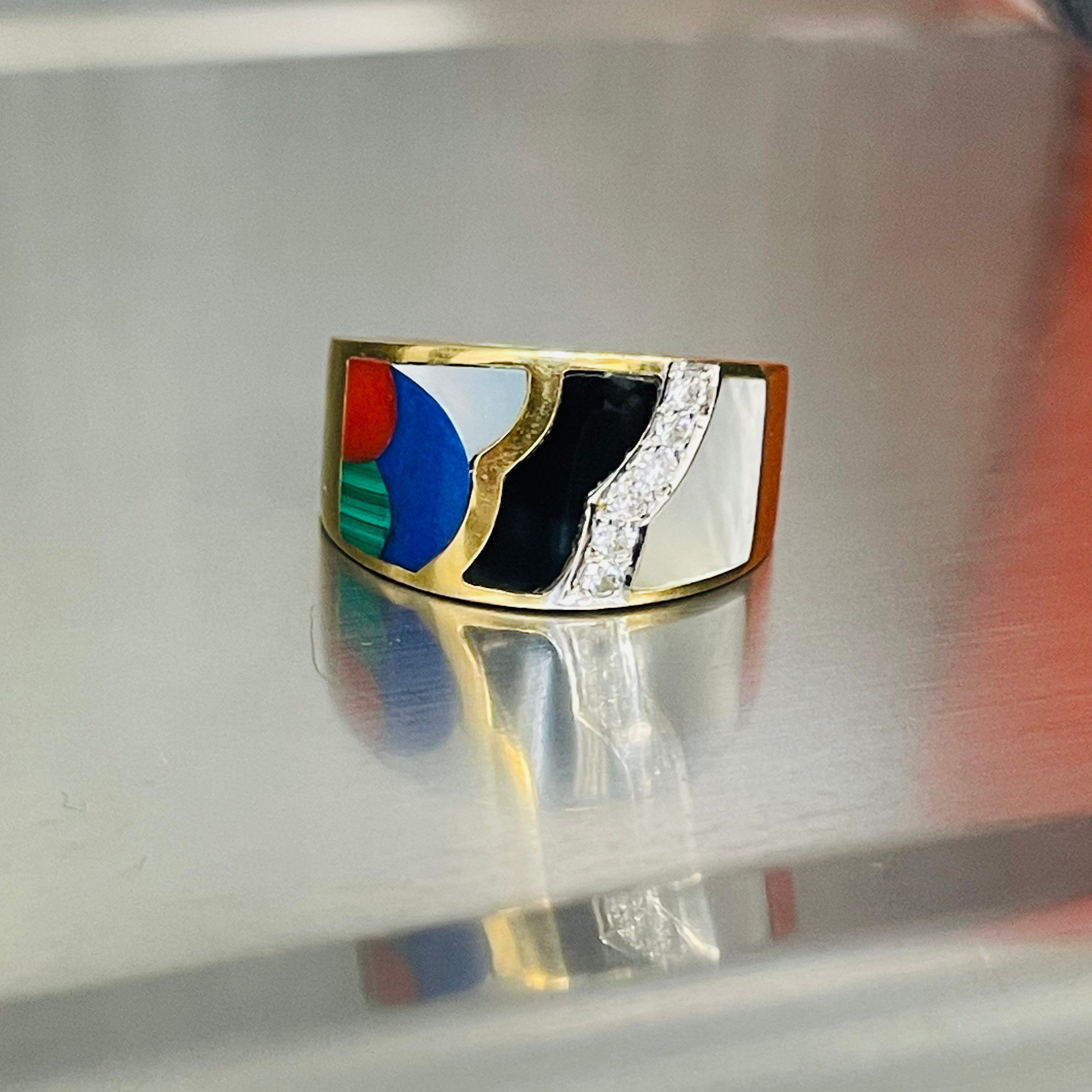 Designer Asch Grossbardt 14K Yellow Gold Diamond and Gemstone Inly Cigar Band Ri