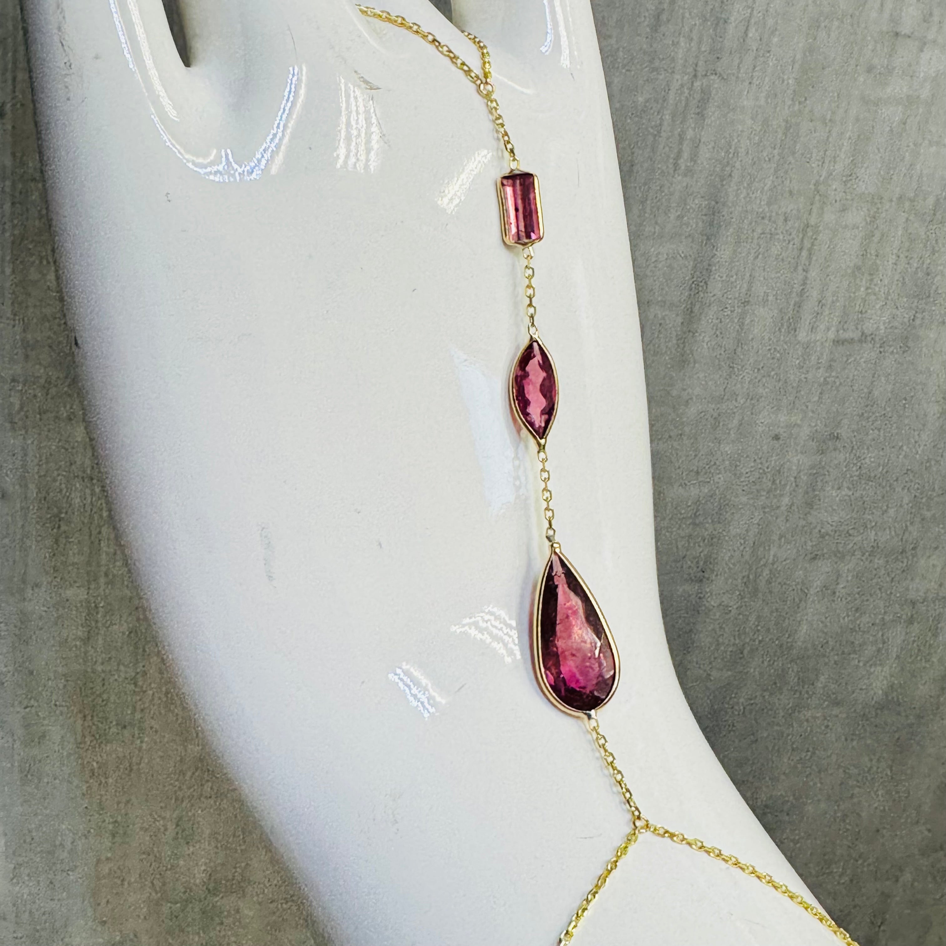 14K Yellow Gold Multi Shape Pink Tourmaline Handchain