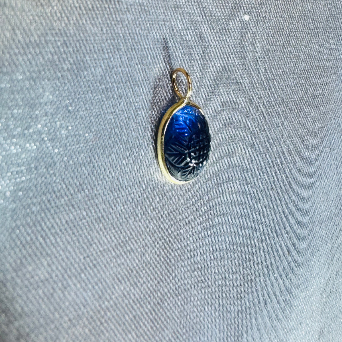 Carved Blue Iolite Pendant 14K Yellow Gold