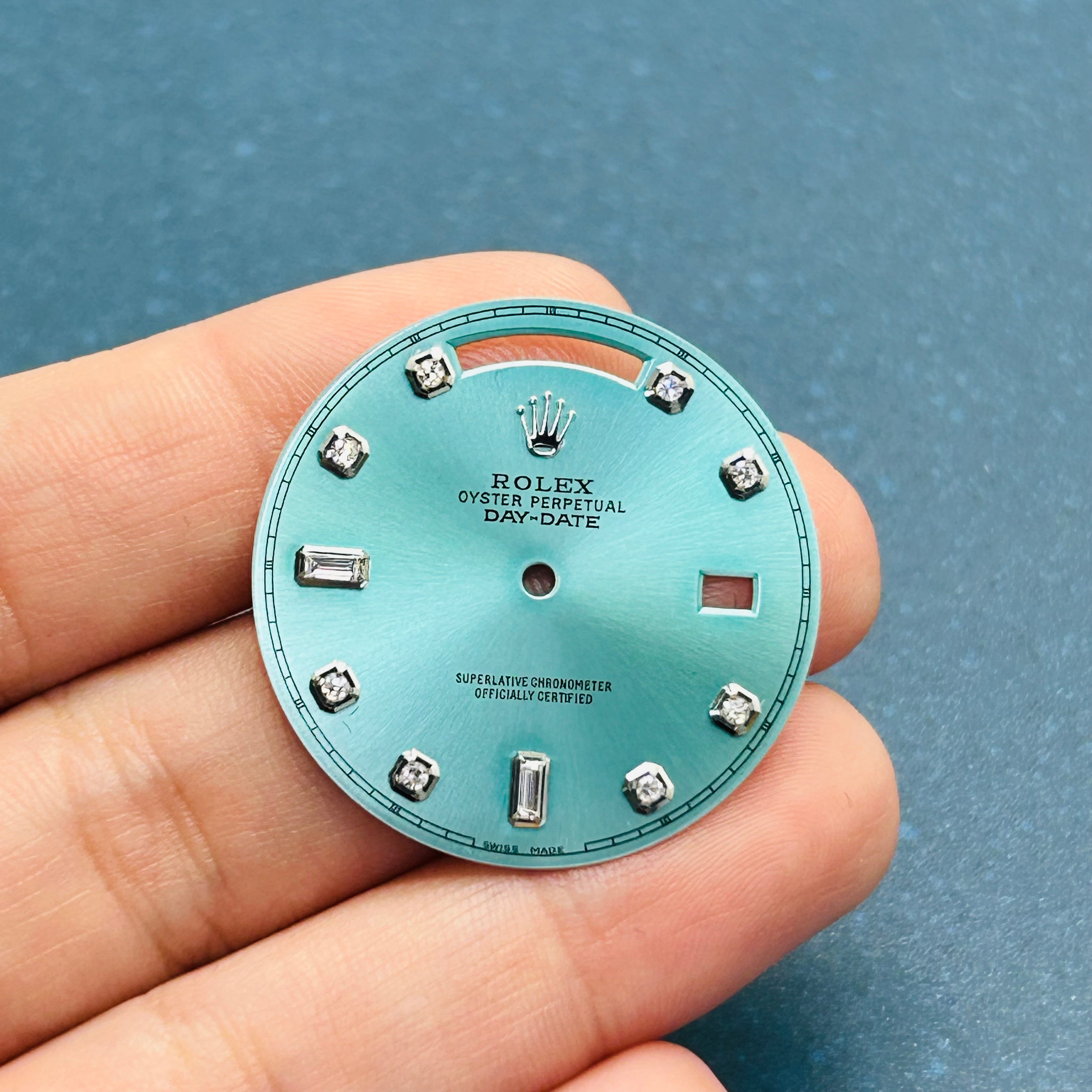 Teal Tiffany Blue Stainless Steel Baguette Round Diamond Dial for 40mm Rolex Day