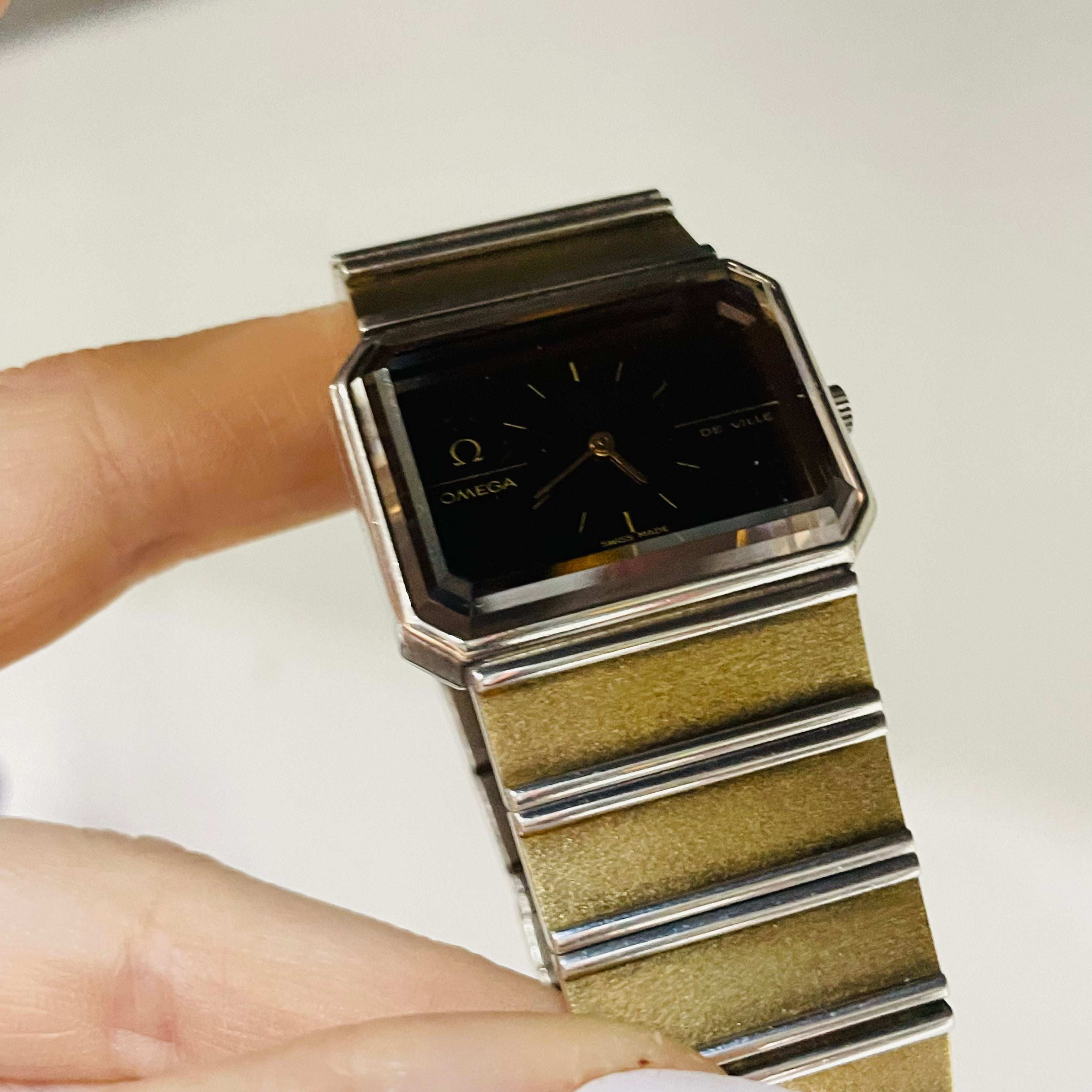 Omega De Ville Sterling Silver Gold Vermeil 1970s Vintage Unisex Wrist Watch New