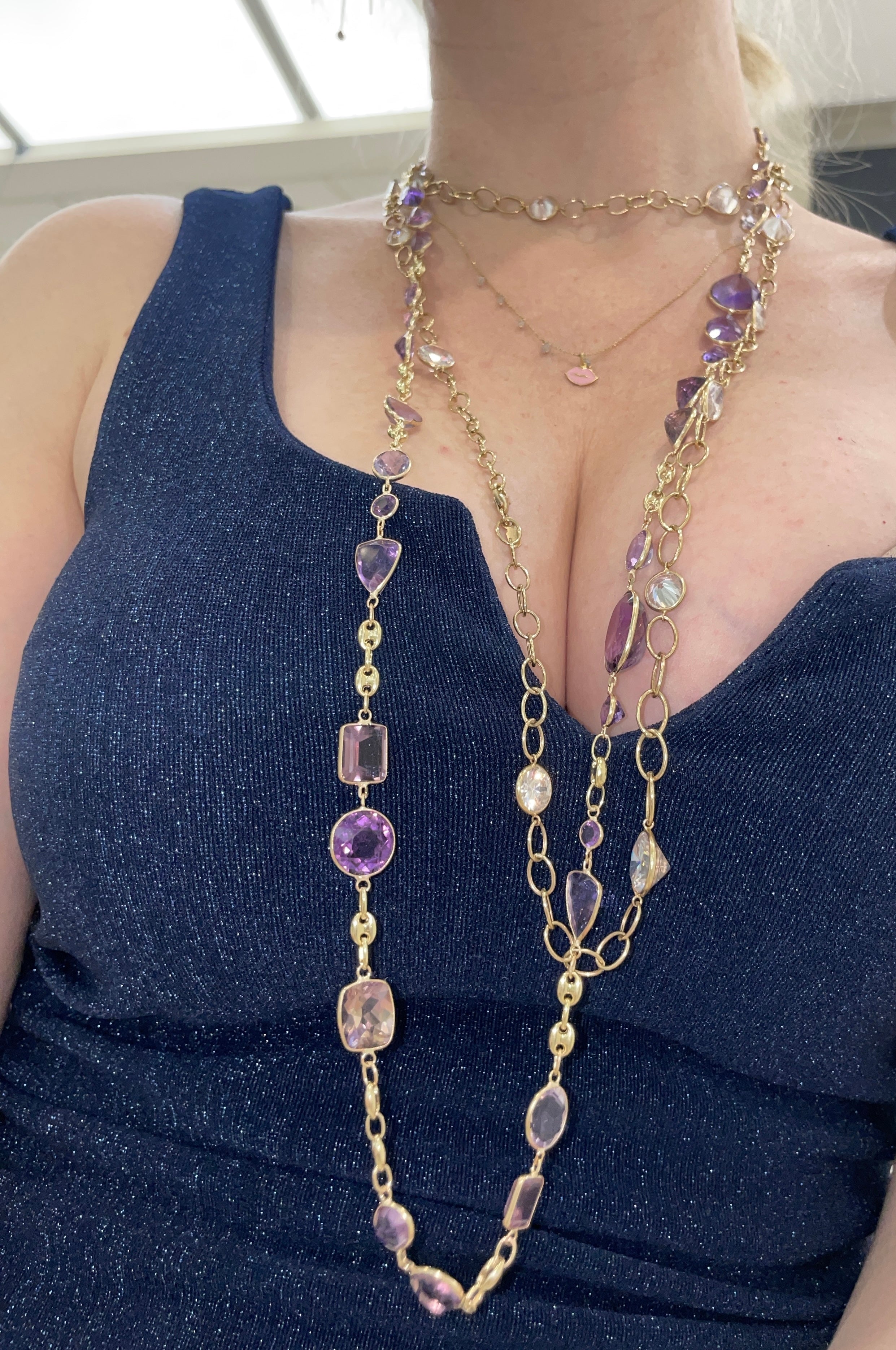 36" Long Solid 14K Yellow Gold 104CT Natural Multi Shape Amethyst Long Gemstone