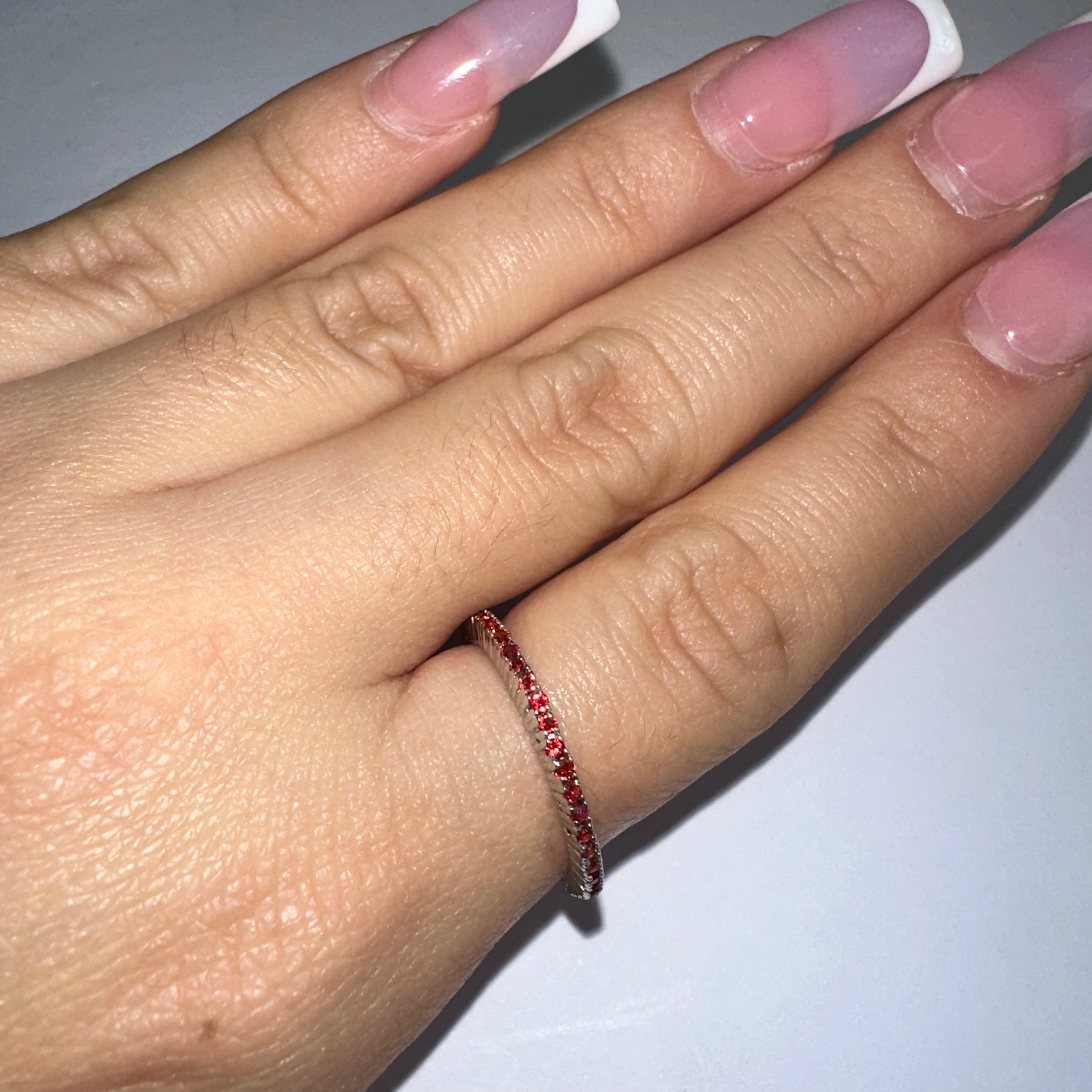 14K Size 7.5 White Gold Orange Ruby Eternity Ring