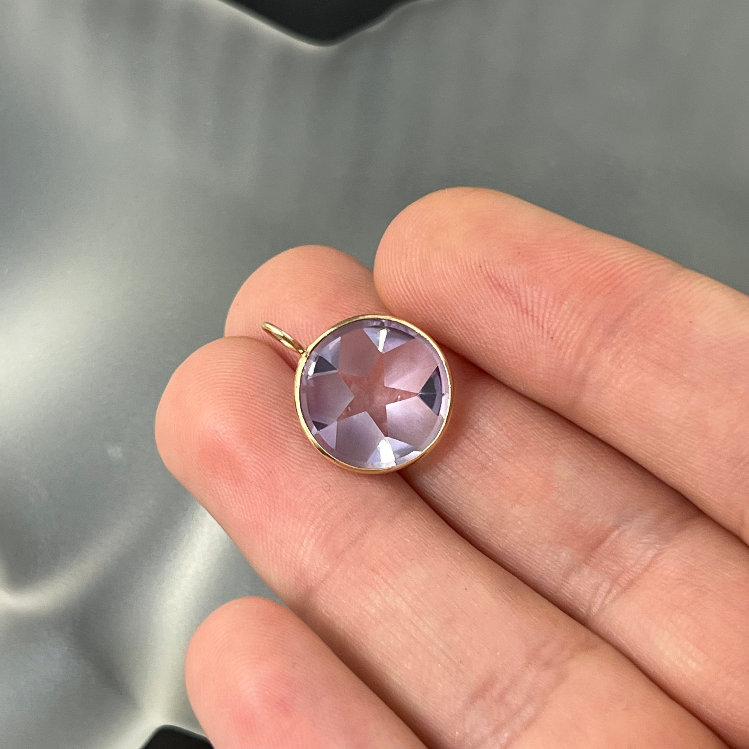 5.5CT Round Star Cut Rose of France Natural Amethyst 14K Yellow Gold Pendant Charm