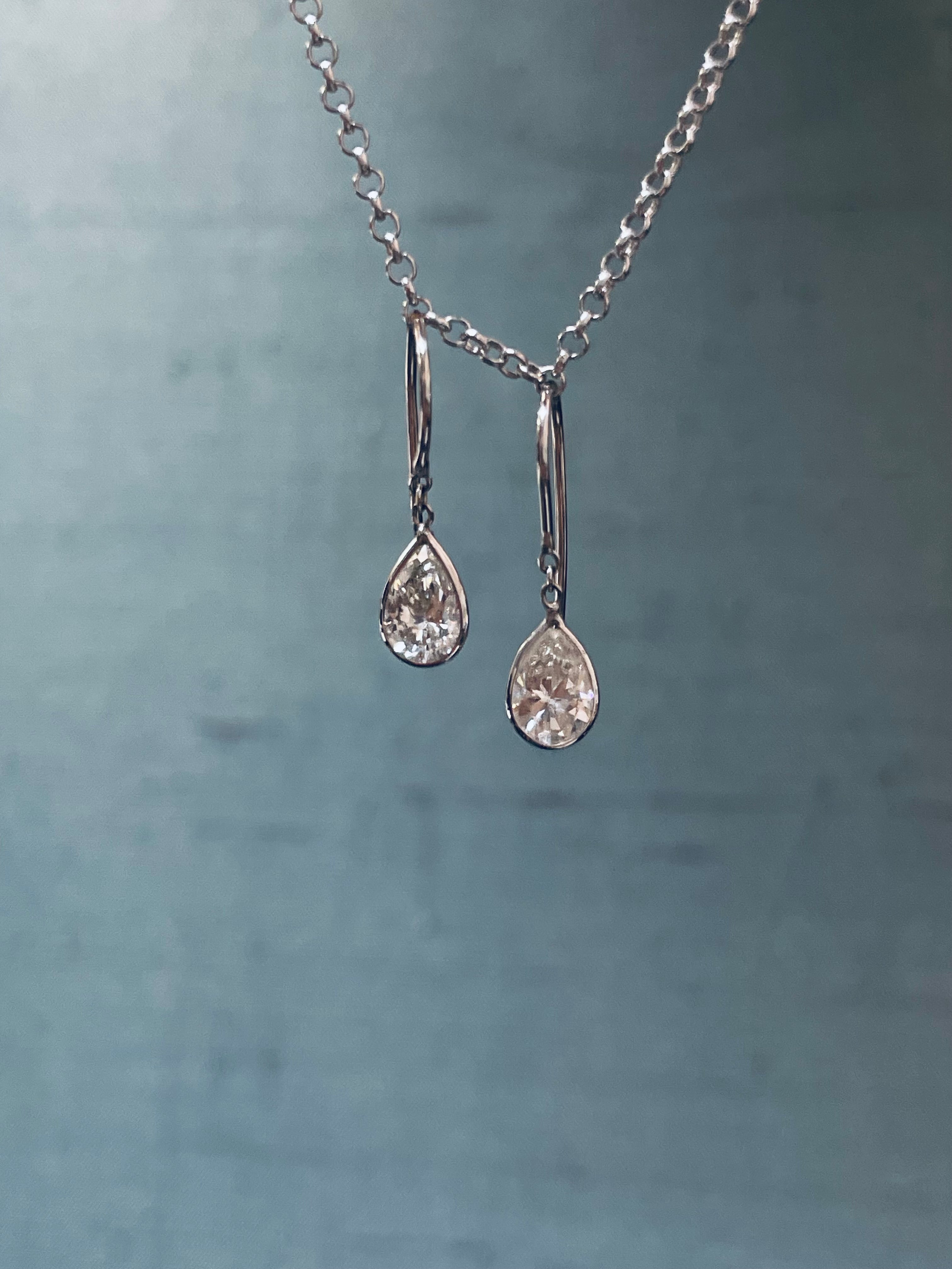 1CTW Diamond Bezeled Pear Shape 14K White Gold Dangling Earrings