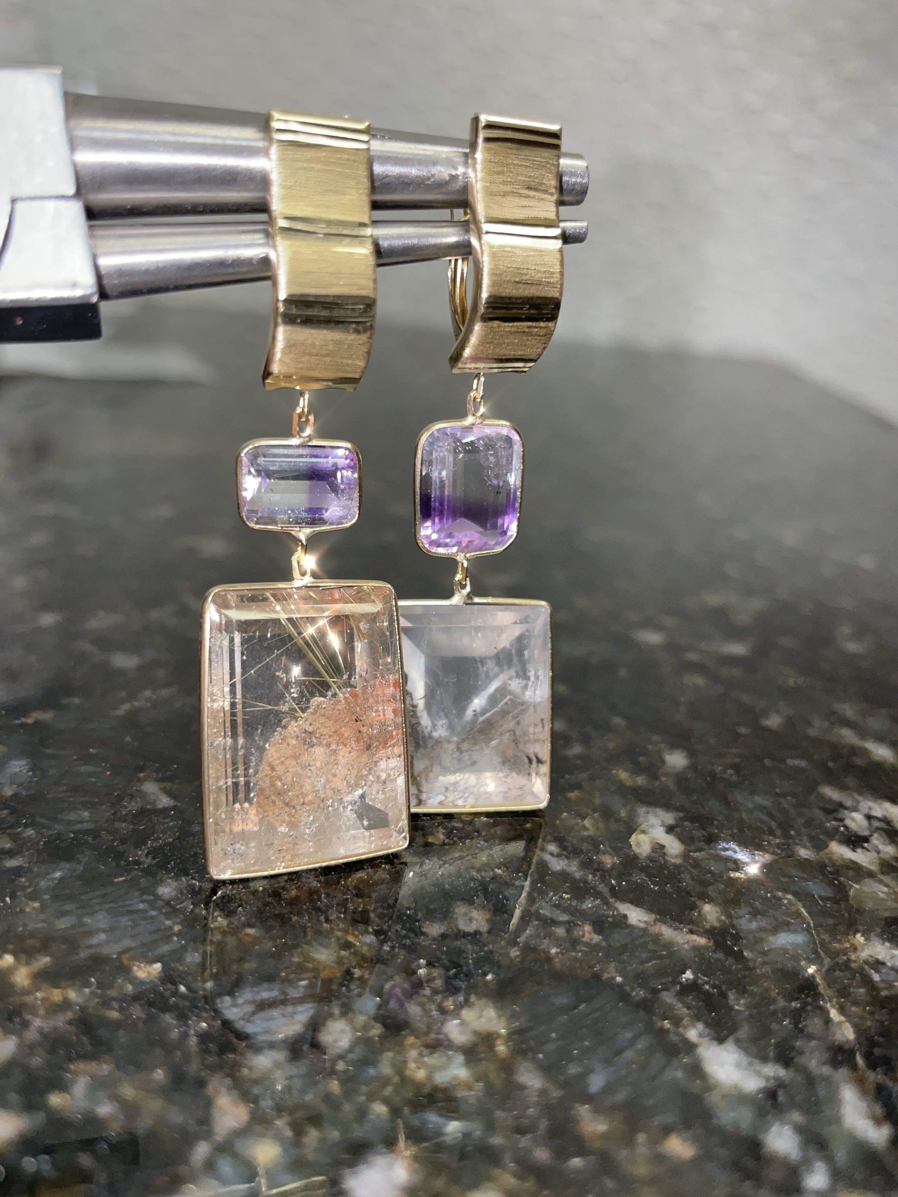 Picture Agate and Striated Amethyst 14K Yellow Gold Drop Earrings