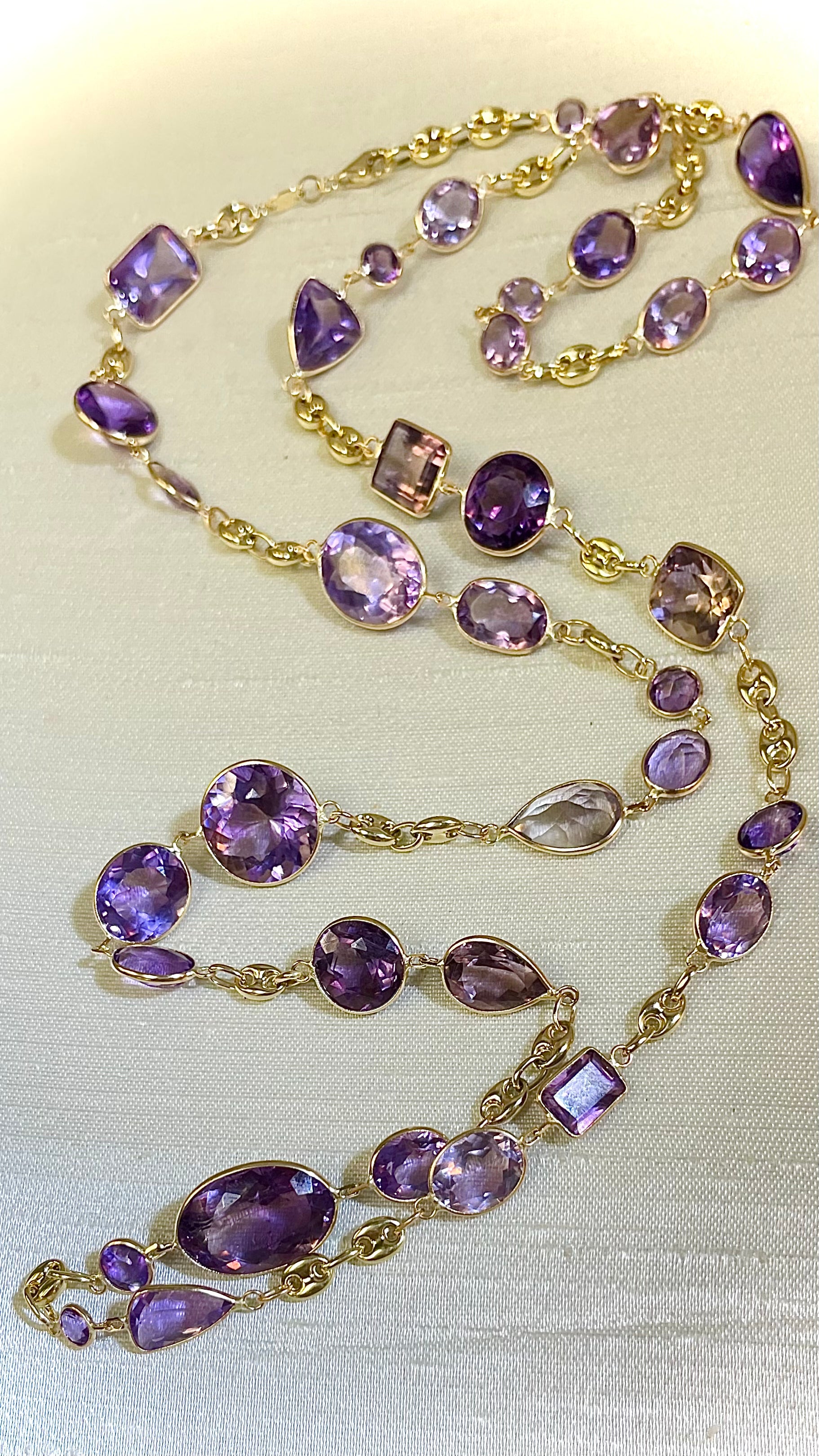 36" Long Solid 14K Yellow Gold 104CT Natural Multi Shape Amethyst Long Gemstone