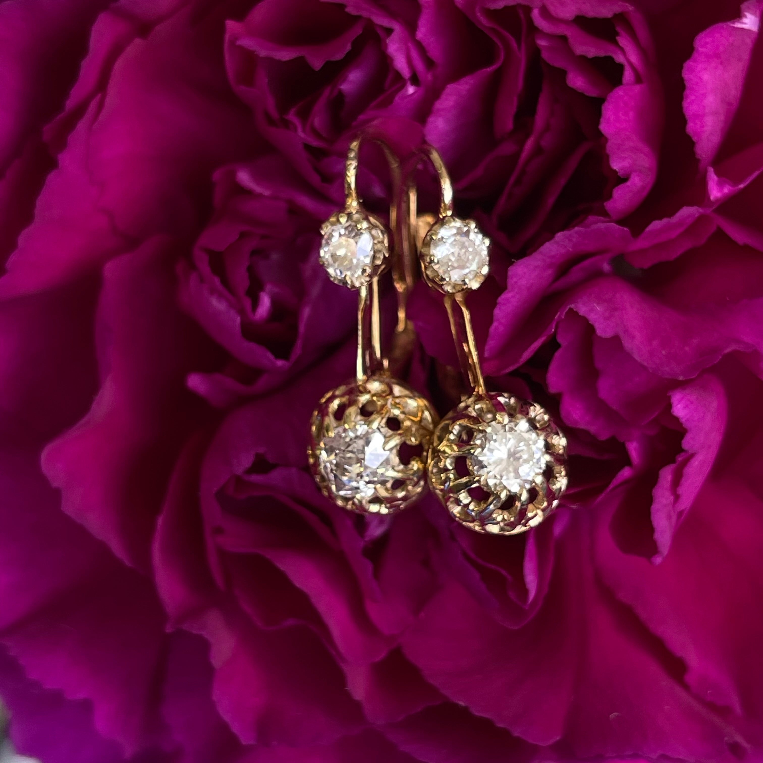 Old Mine Cut Diamond 18K Yellow Gold Antique Victorian Leverback Earrings