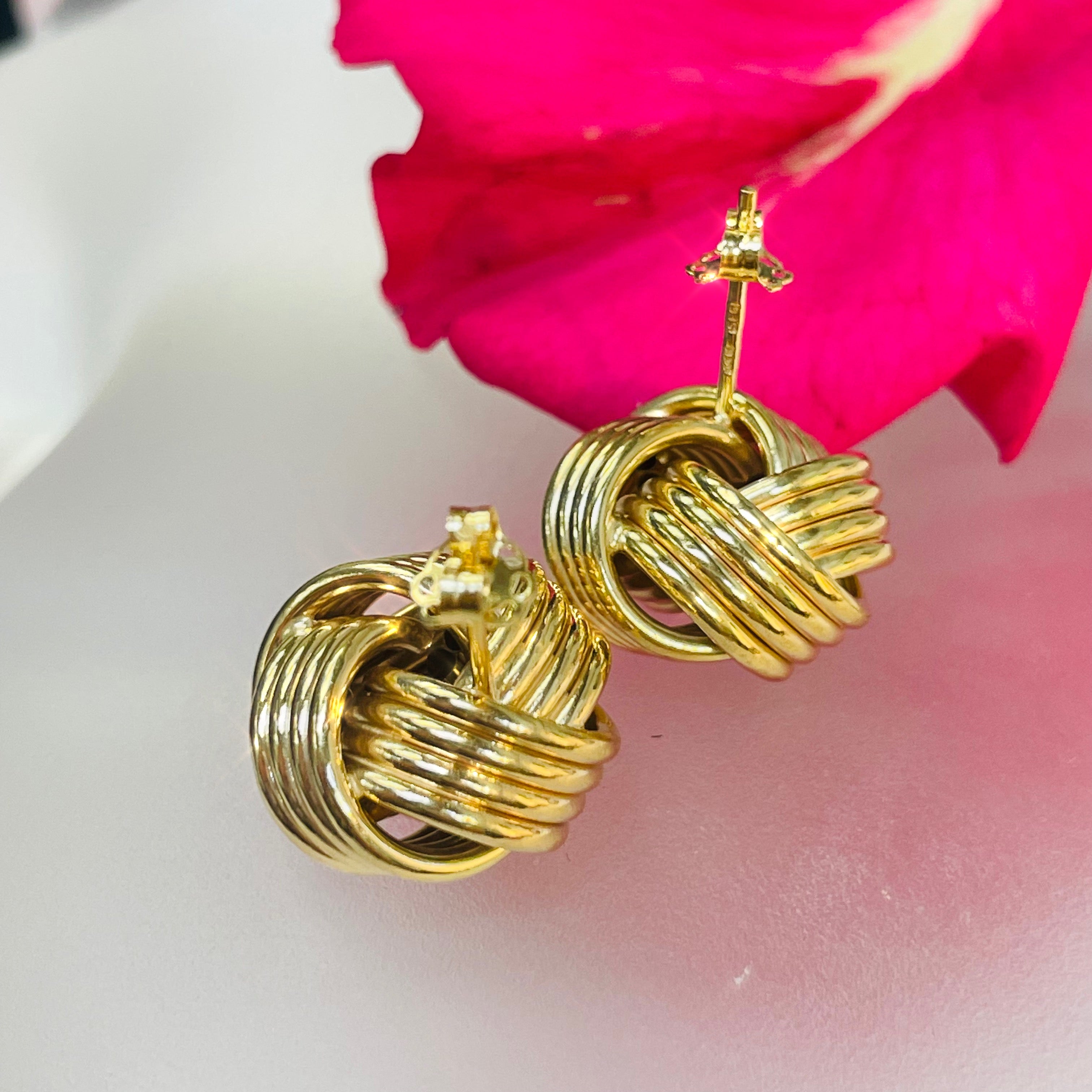 Classic 16mm Wide Dimensional Knot 14K Yellow Gold Earring Studs