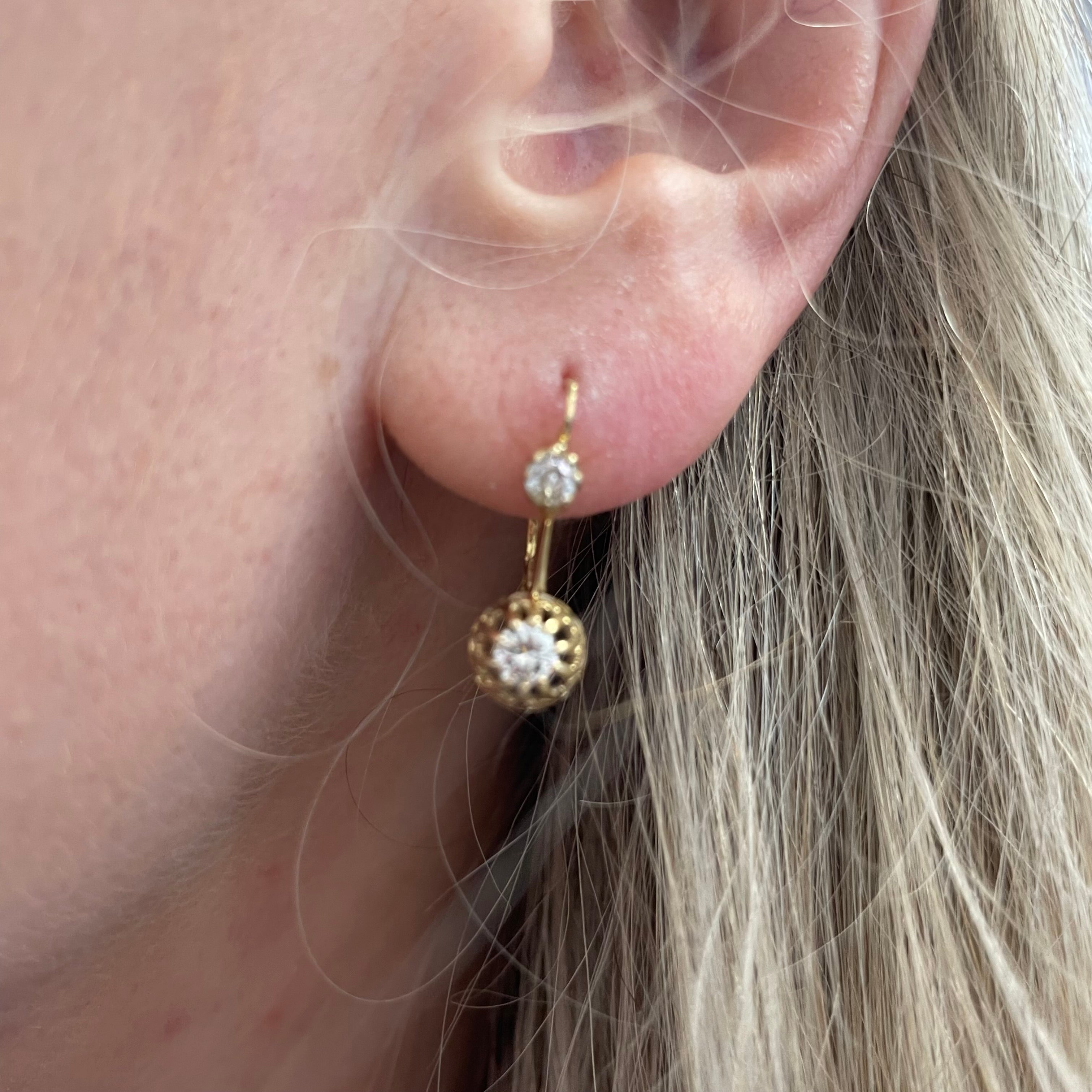 Old Mine Cut Diamond 18K Yellow Gold Antique Victorian Leverback Earrings