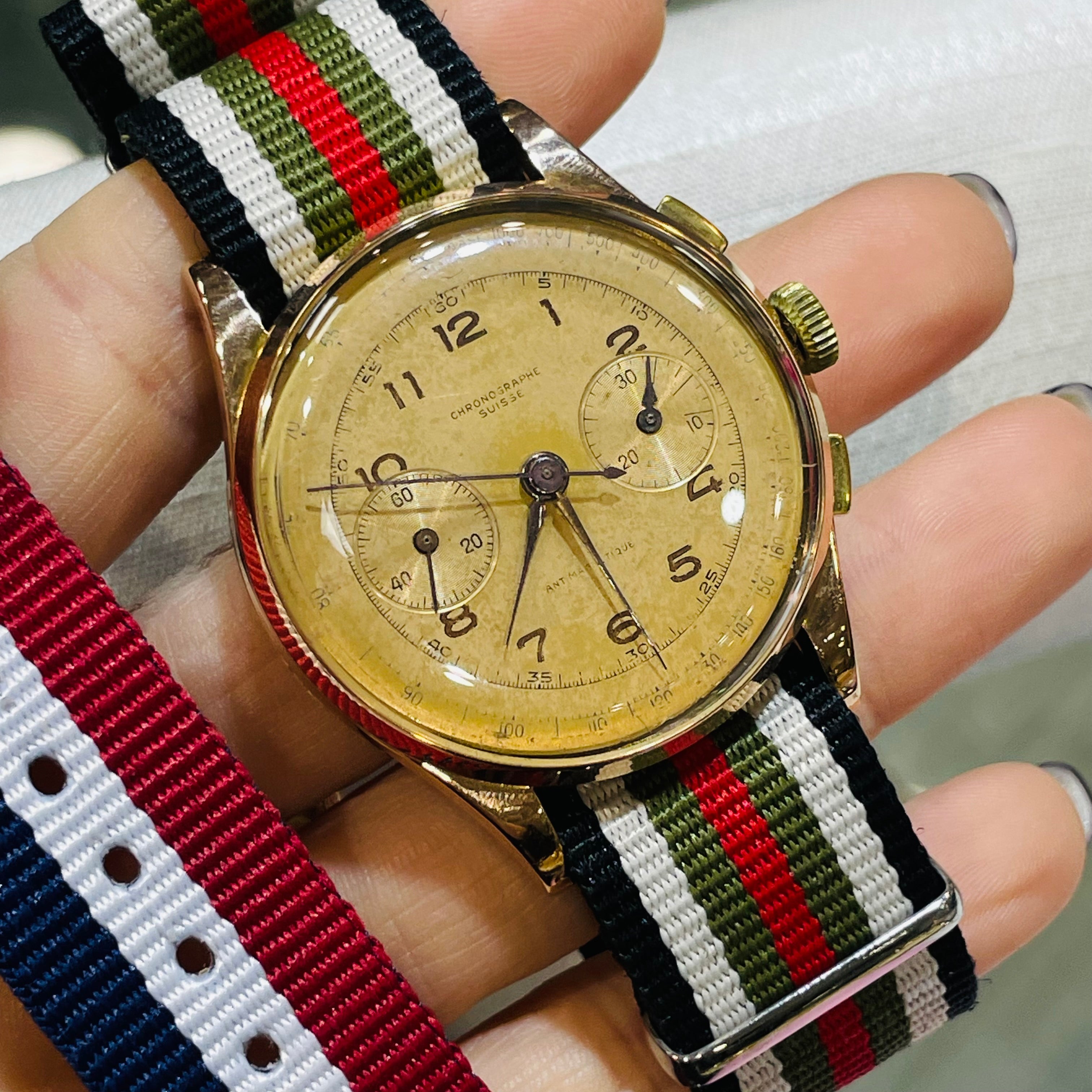 37mm Solid 18K Rose Gold Azur Chronographe Suisse Watch Bubble Back