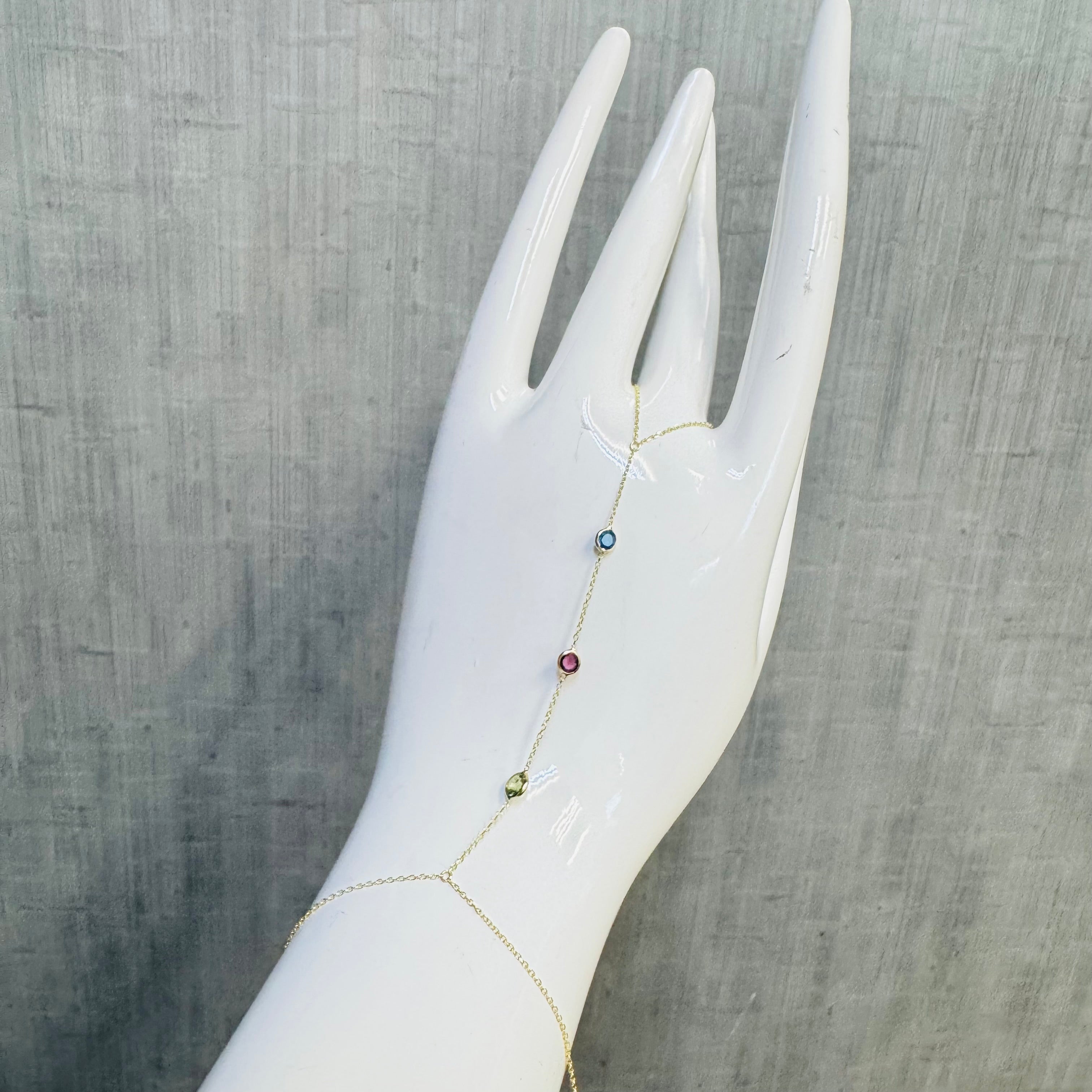 Multi-color Sapphires HandChain in solid 14k Yellow Gold