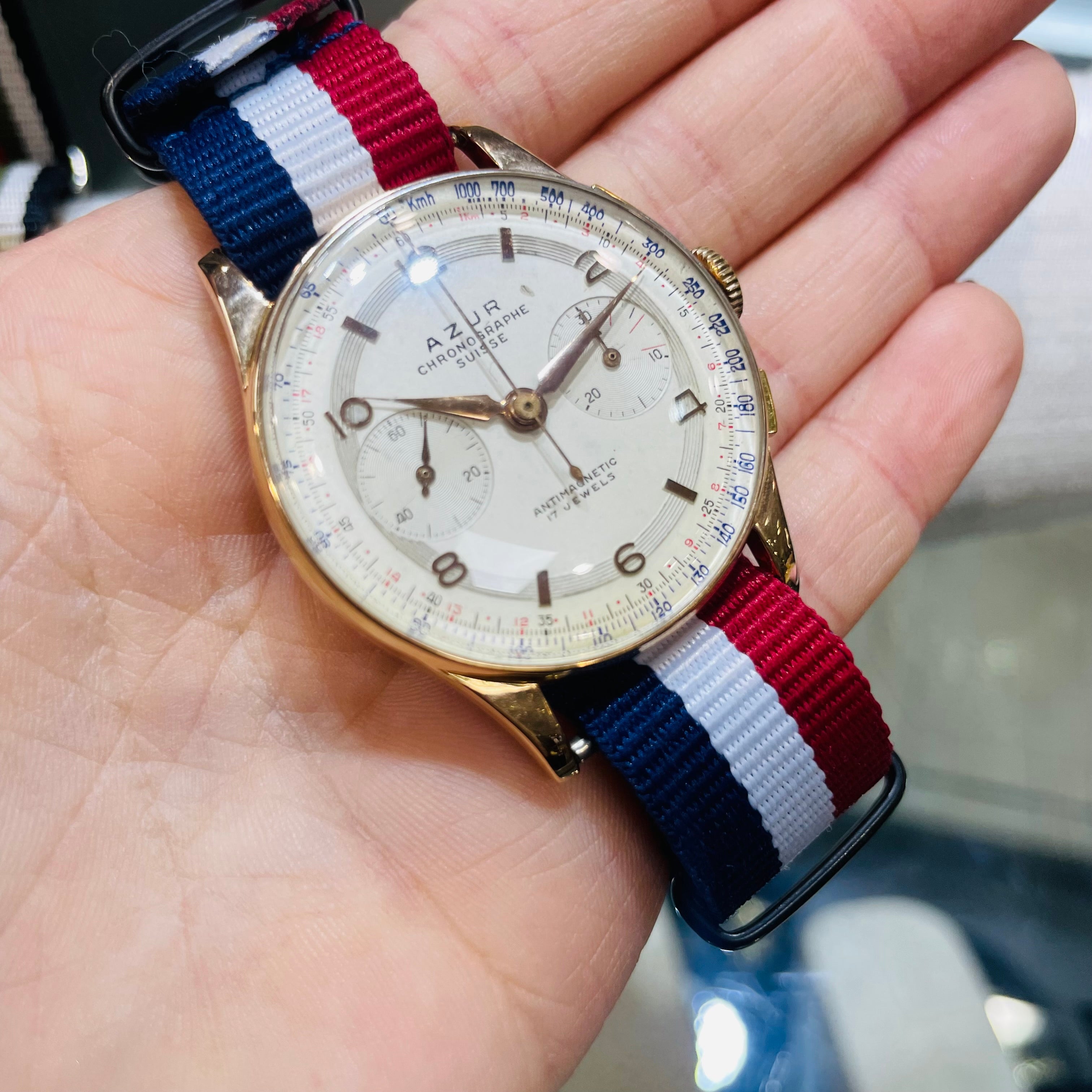 36mm Solid 18K Rose Gold Azur Chronographe Suisse Watch Bubble Back