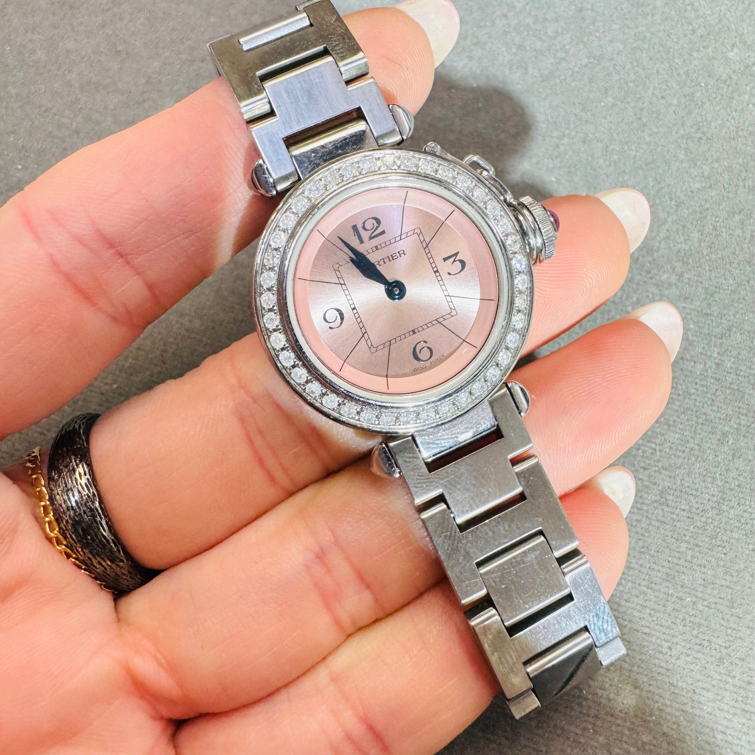 Stainless Steel Diamond Bezel Pink Dial Cartier Pasha 28mm Watch
