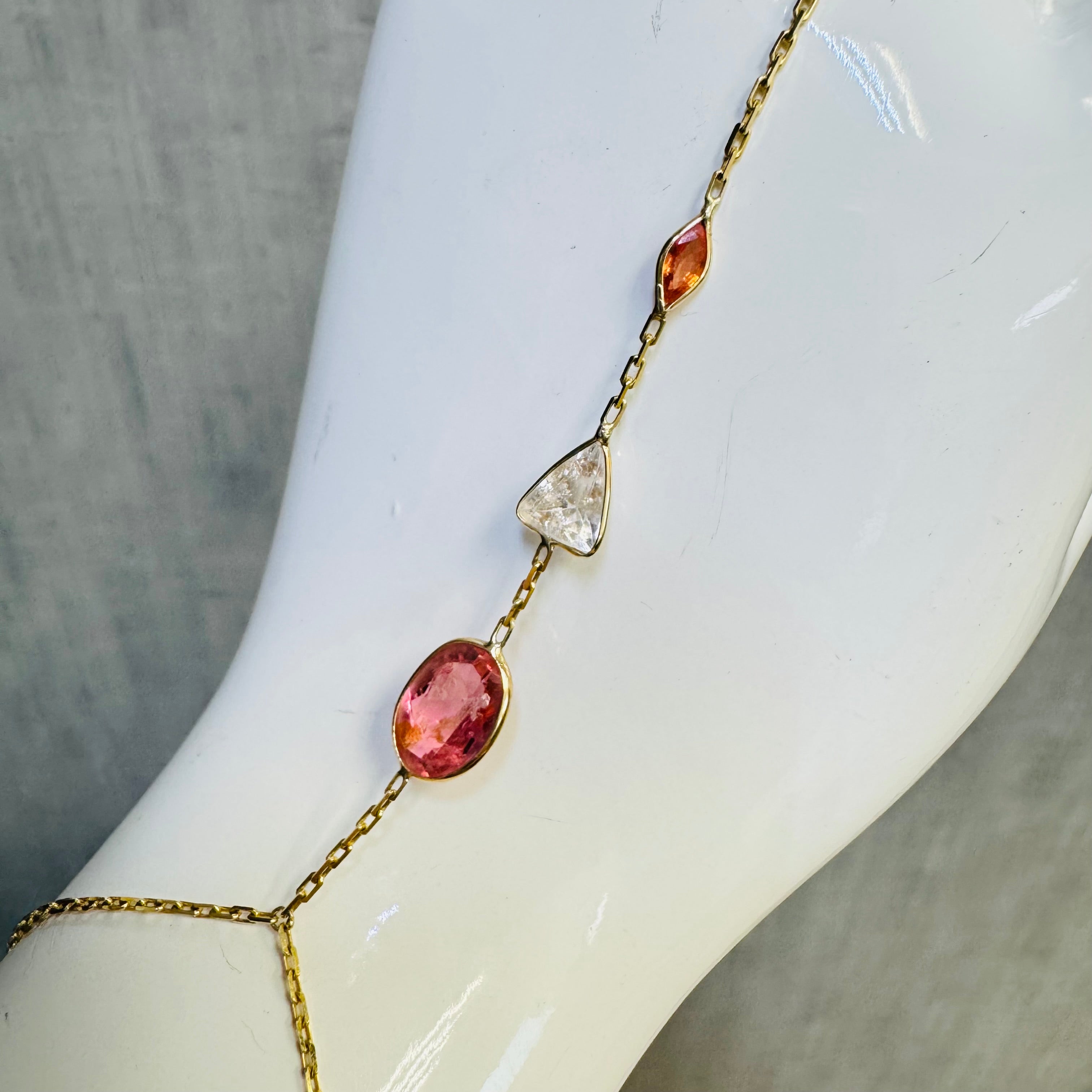 14K Yellow Gold Peach Sapphire and Tourmaline Handchain