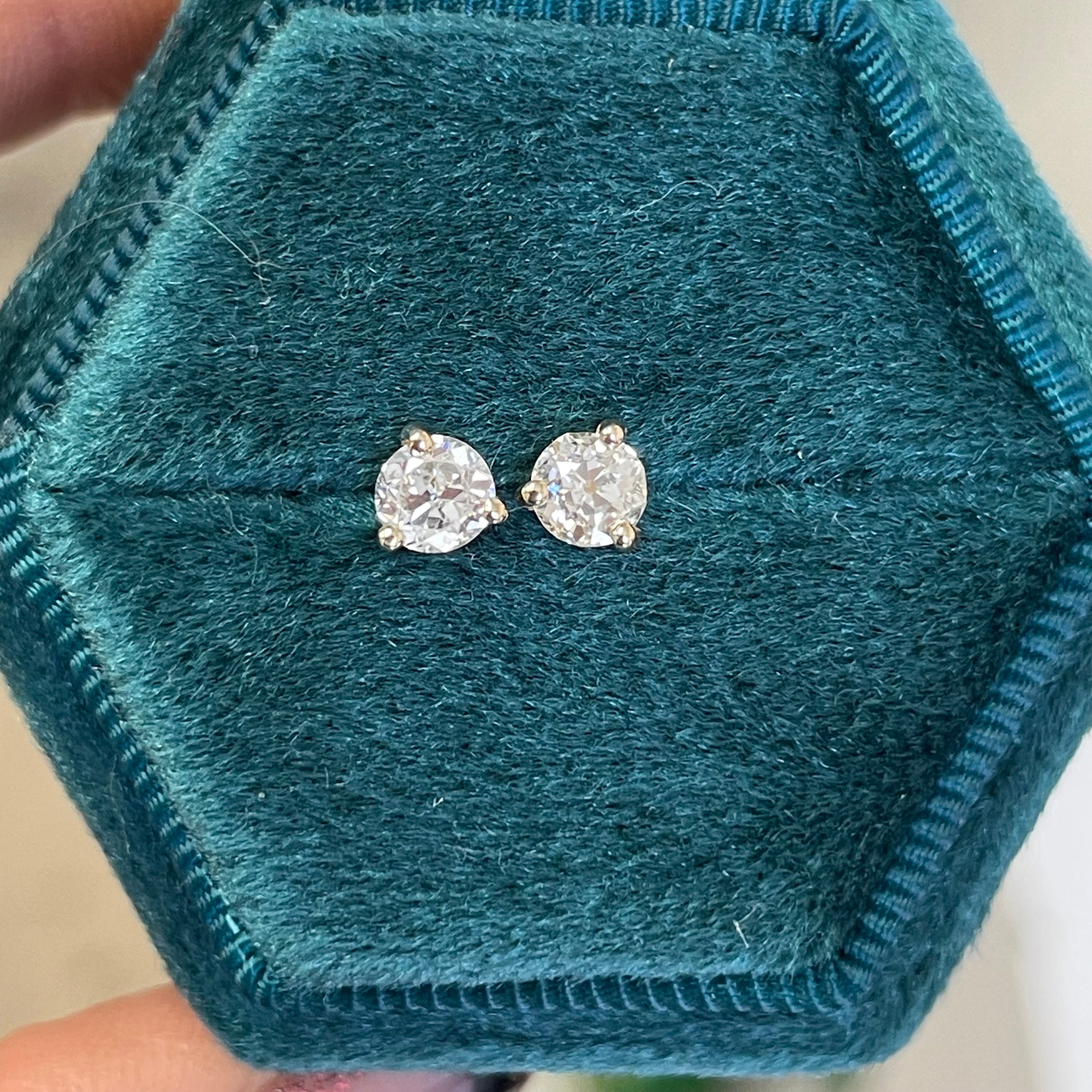 .64CTW Round Old Mine Diamond Stud Earrings 14K Yellow Gold
