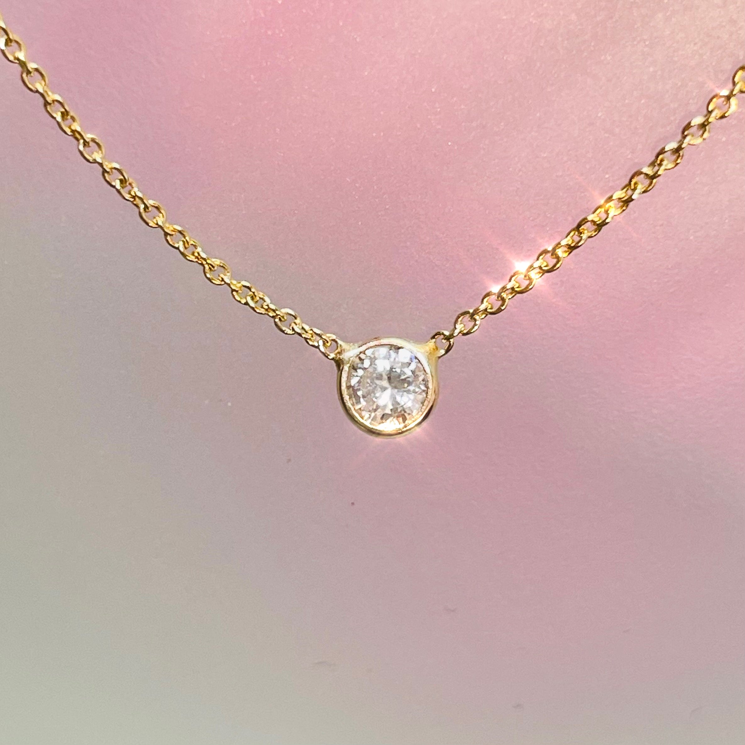 .15CT Natural Round Diamond 14K Yellow Gold Solitaire Necklace 18”