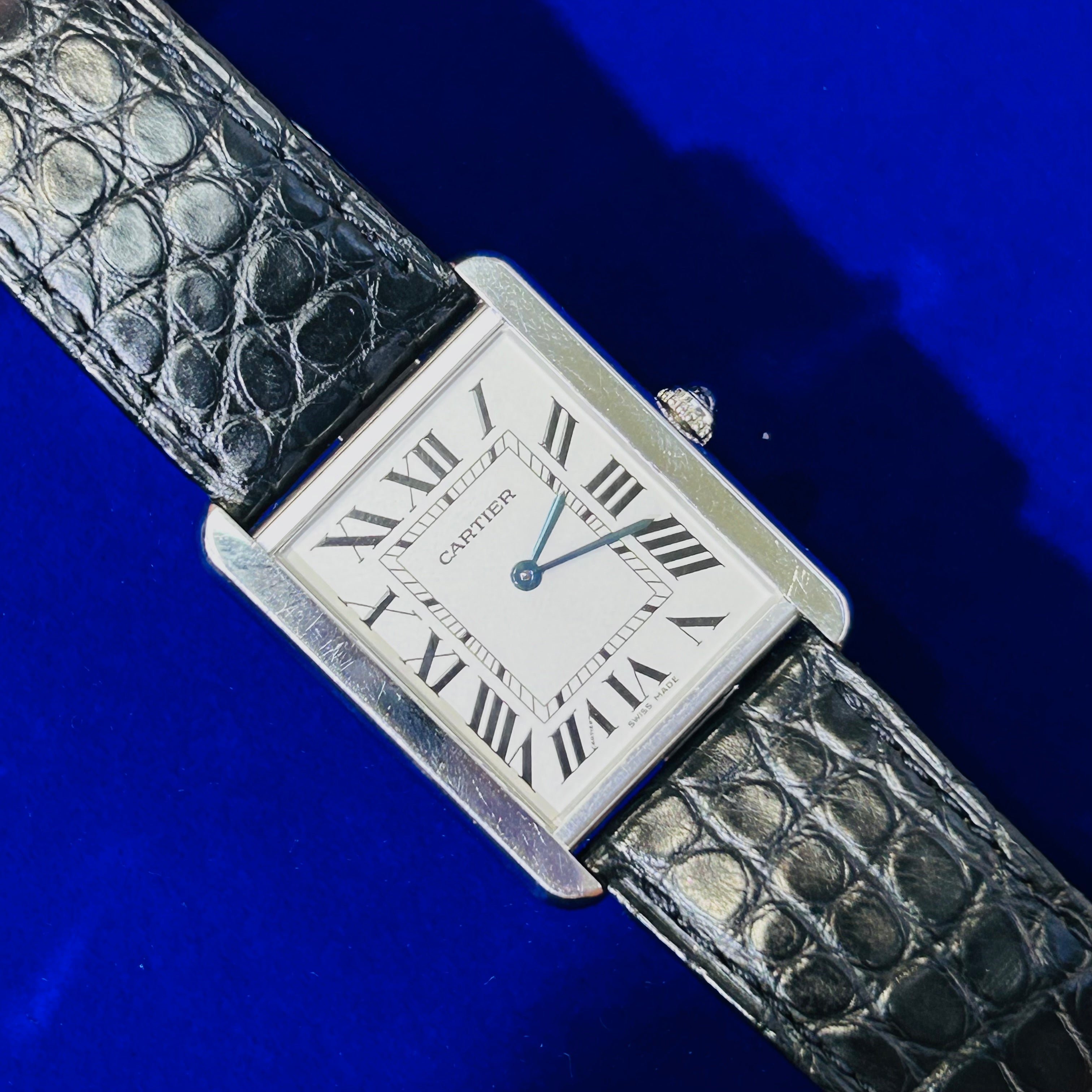 Cartier Stainless Steel Tank Watch with Black Leather Band And Deployment Strap