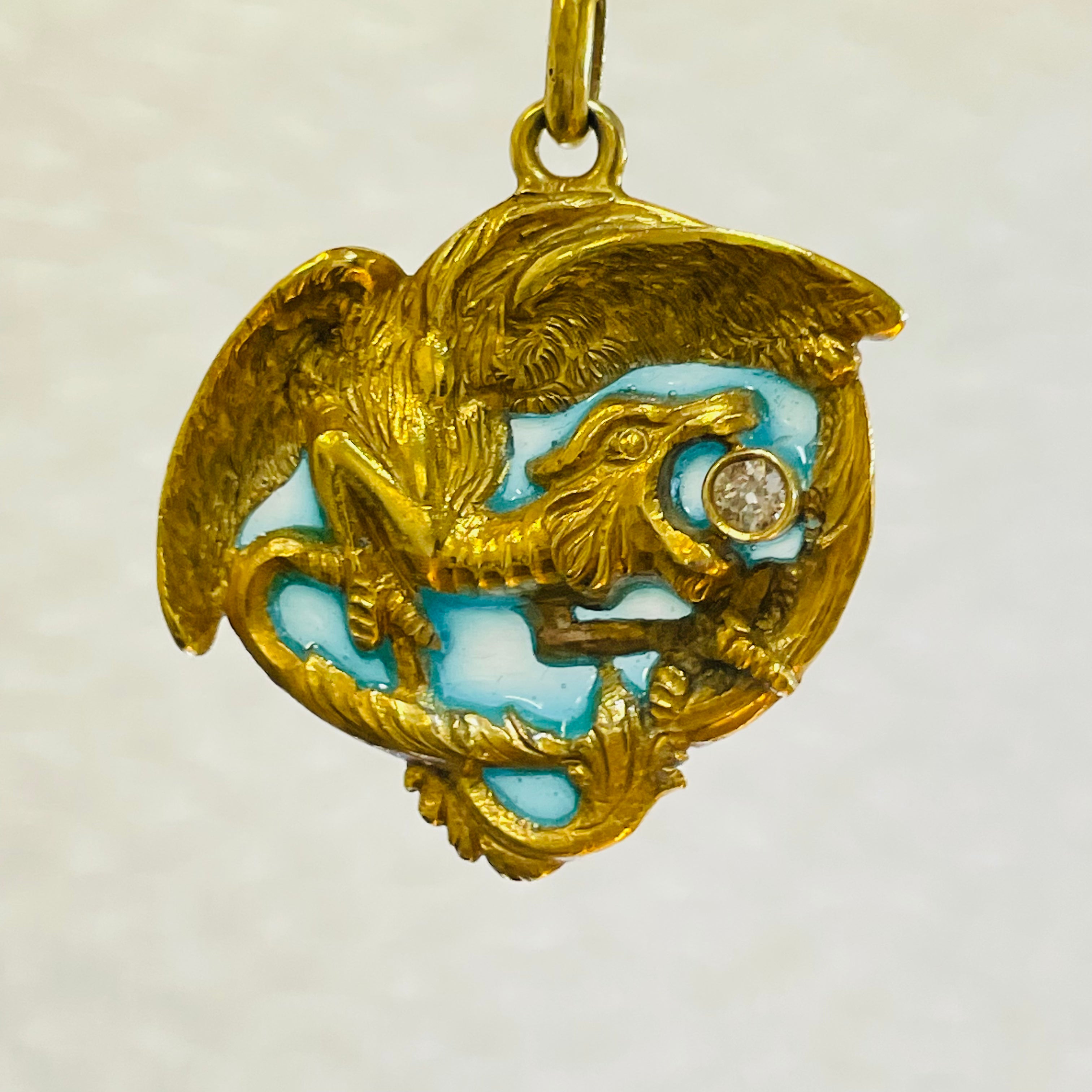 Solid 18K Yellow Gold Enamel Plique A Jour Dragon Diamond Pendant 1.5"