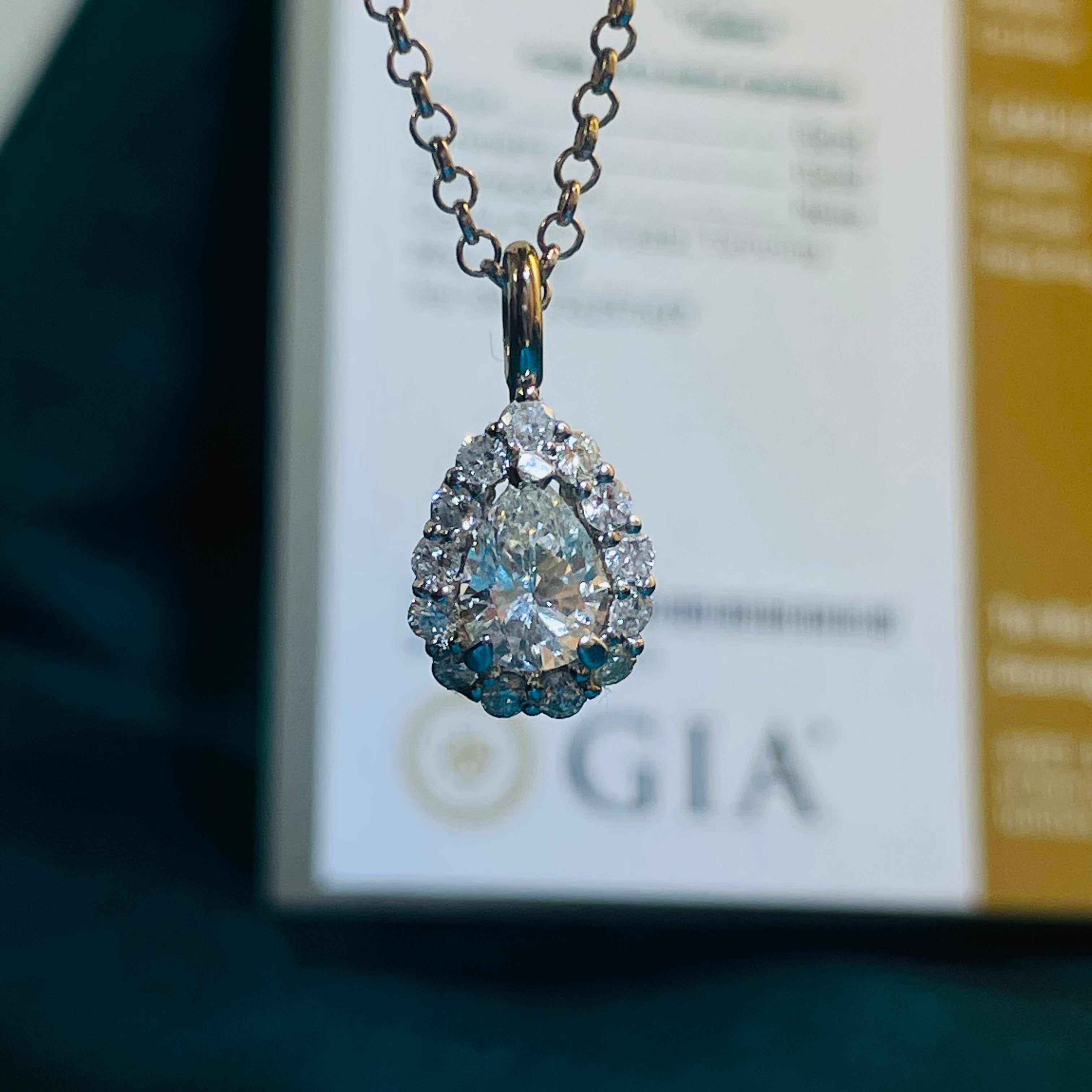 Natural GIA Certified Pear Diamond Halo Pendant in 14K White Gold